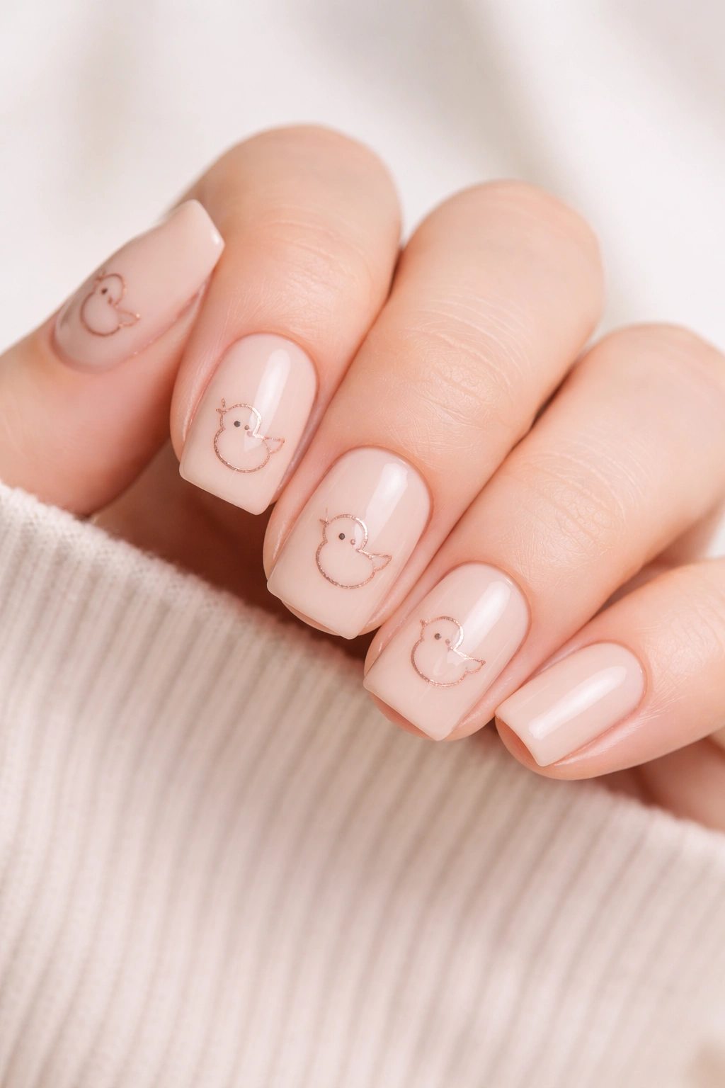 Beige nails with rose gold minimalist duck outlines on short nails.