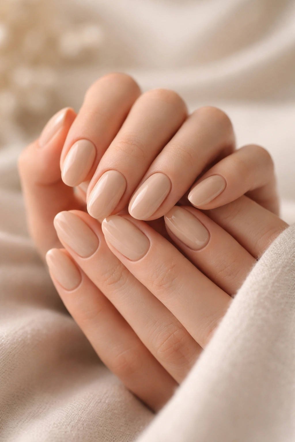 Serene close-up of beige manicure in minimalist setting