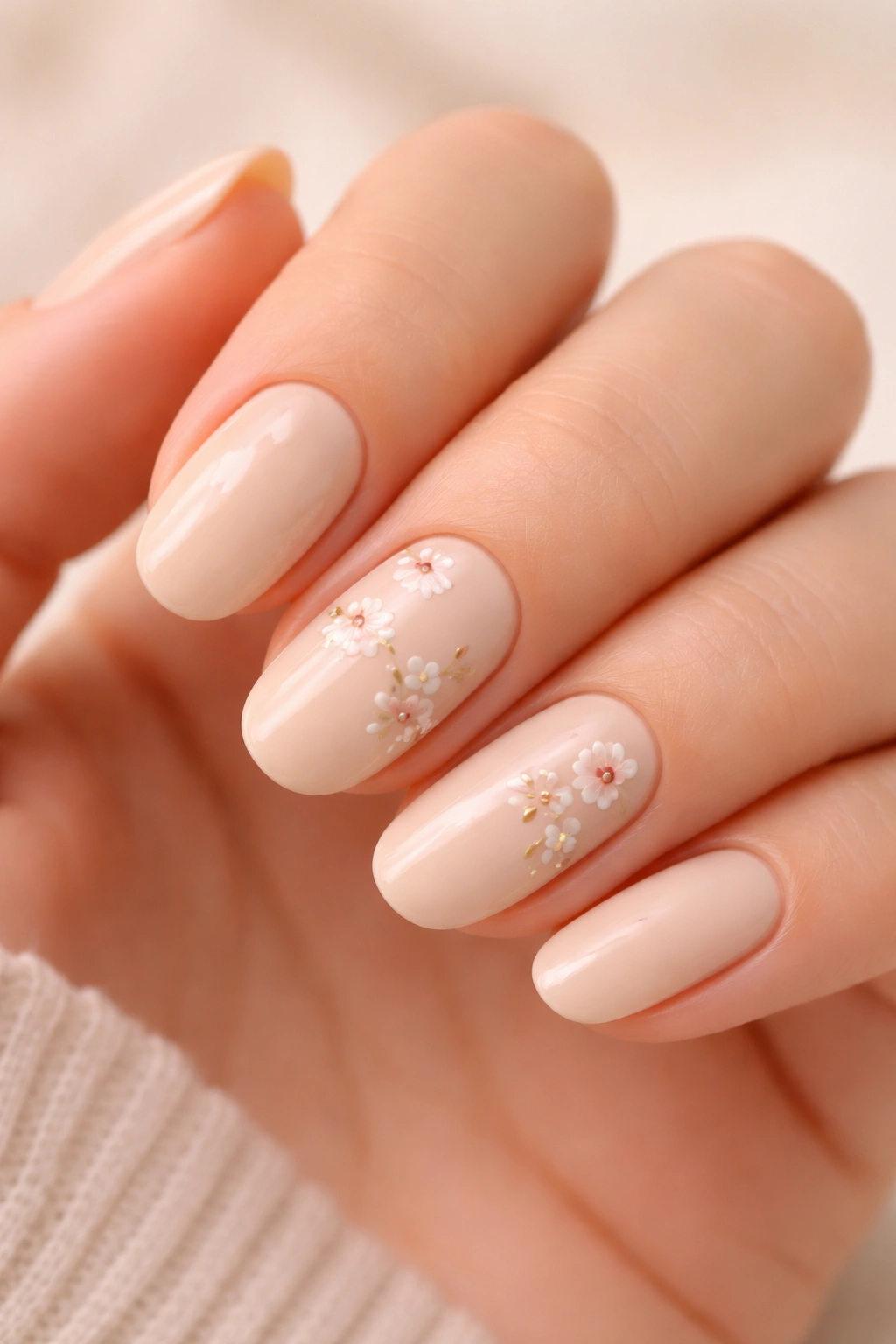 Close-up of beige nails with delicate floral accents on accent nails