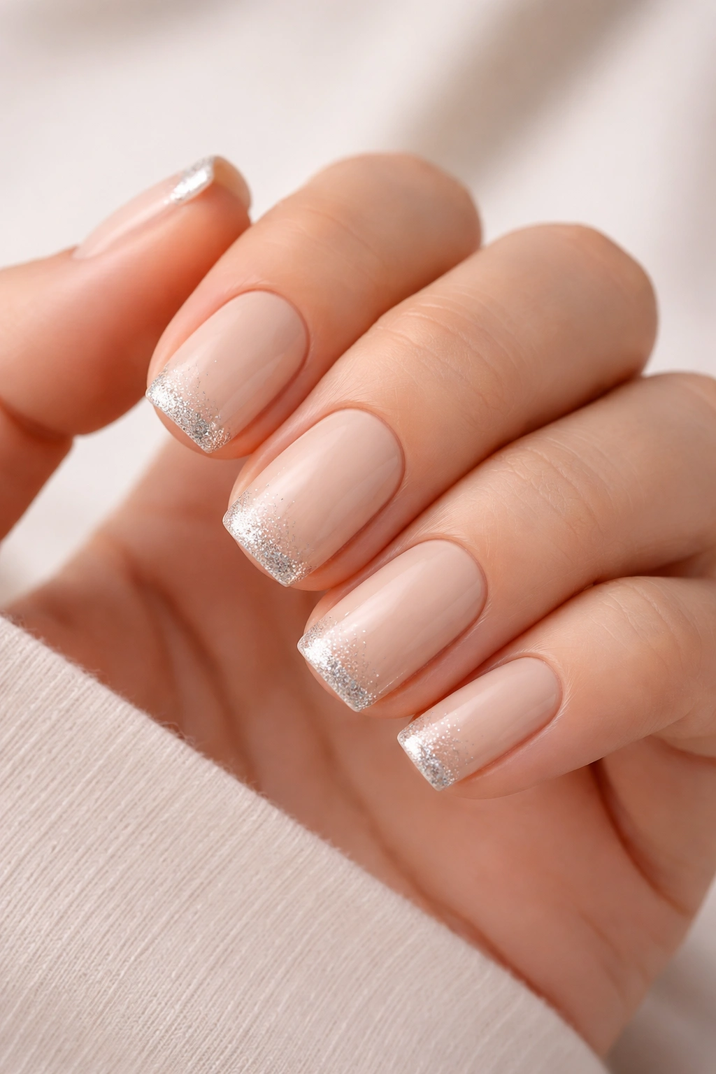 Short square beige nails with glitter tips