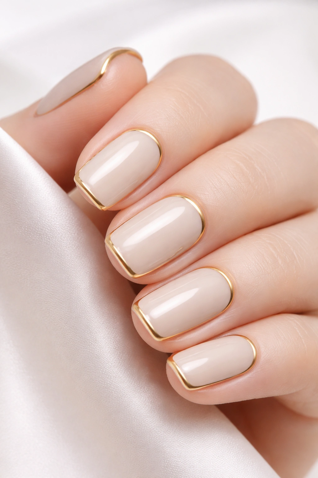 Close-up of beige nails with a thin gold border around the edges