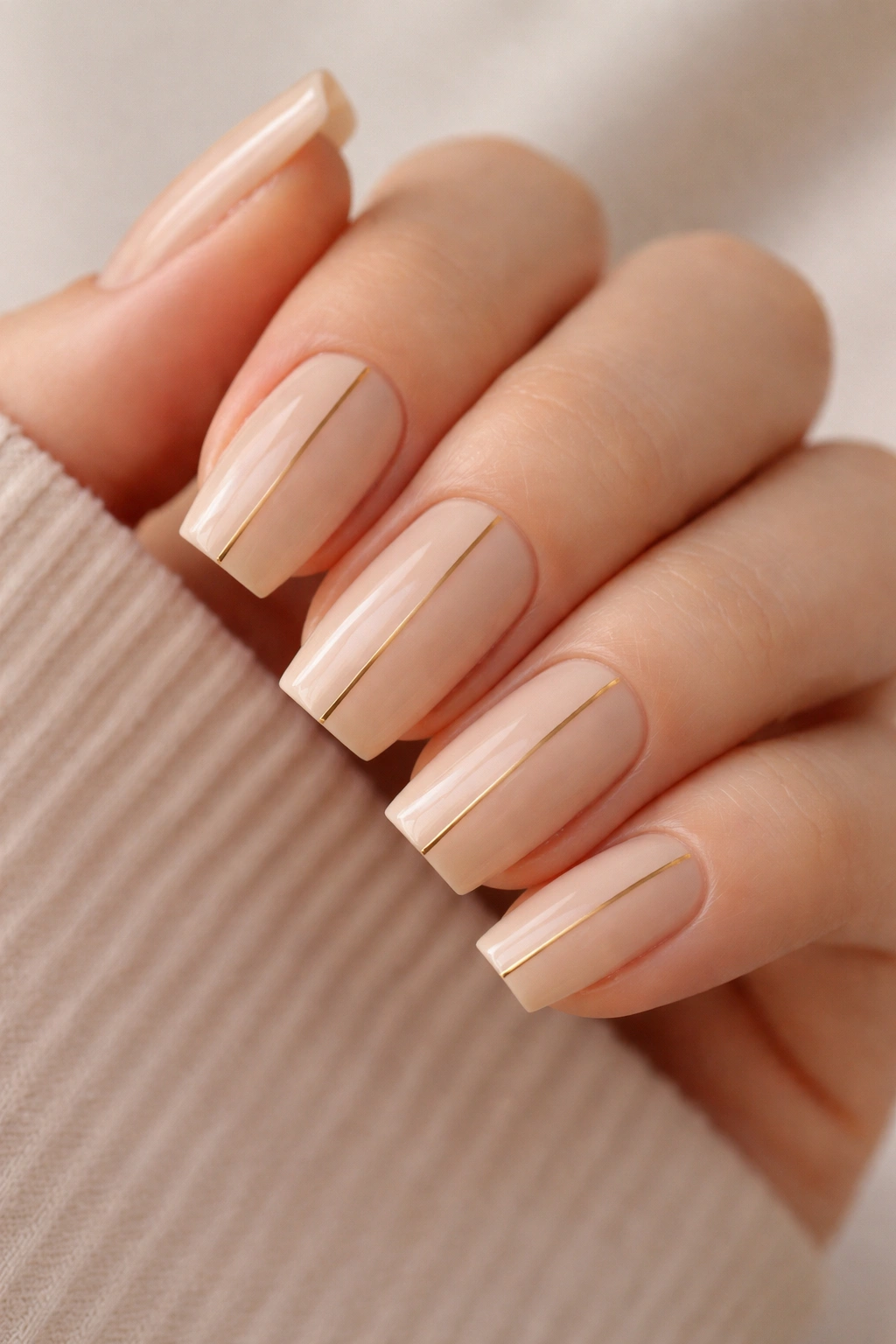 Close-up of nails with warm beige base and thin gold center lines