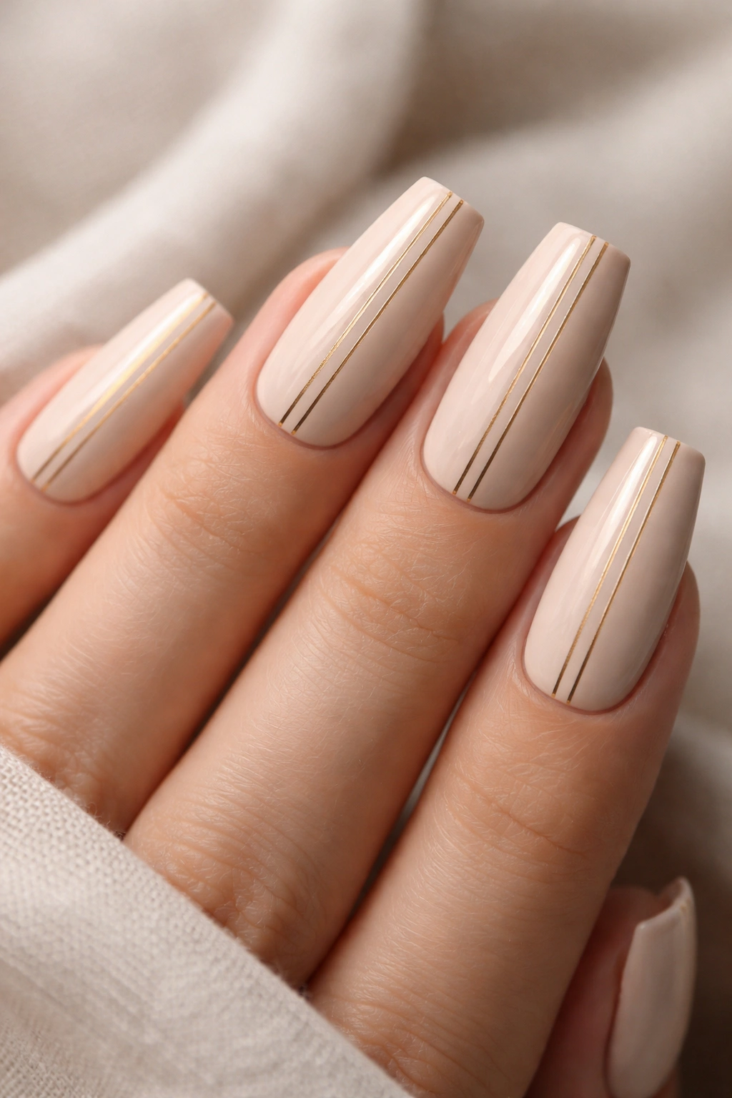 Close-up of coffin nails in soft beige with thin gold stripes