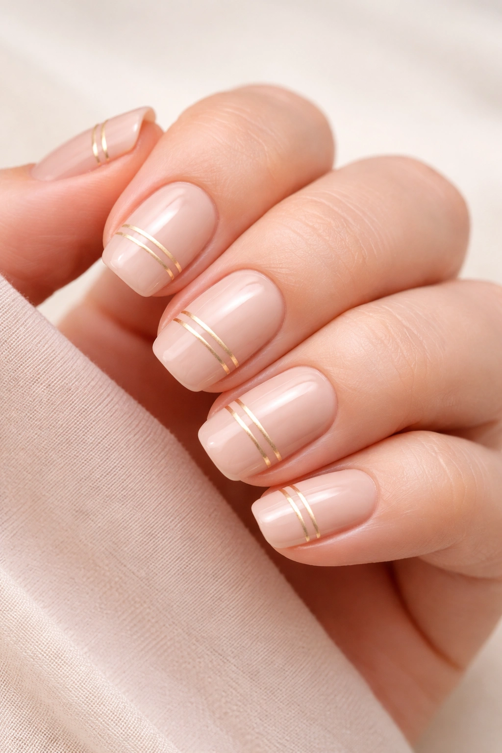 Close-up of short squoval nails in warm beige with thin gold stripes.