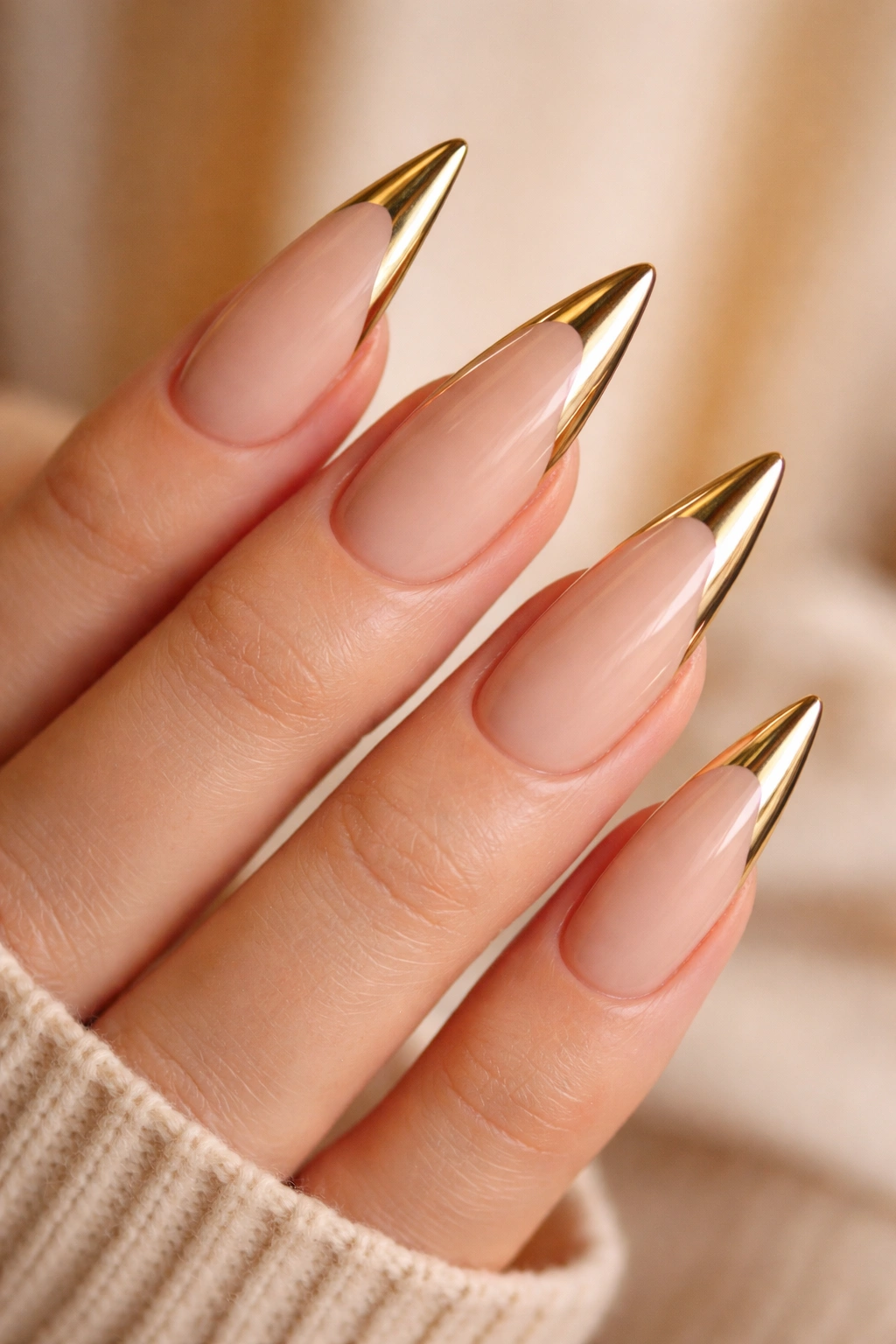 Close-up of beige stiletto nails with gold tip accents