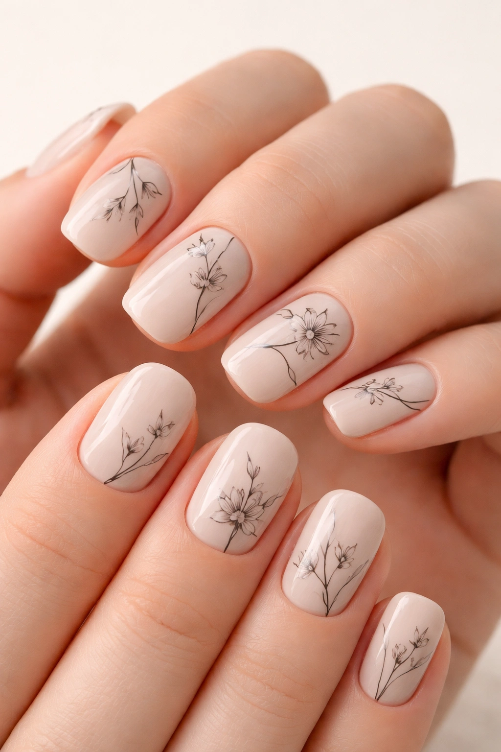 Beige nails with delicate black floral line art on short squoval nails