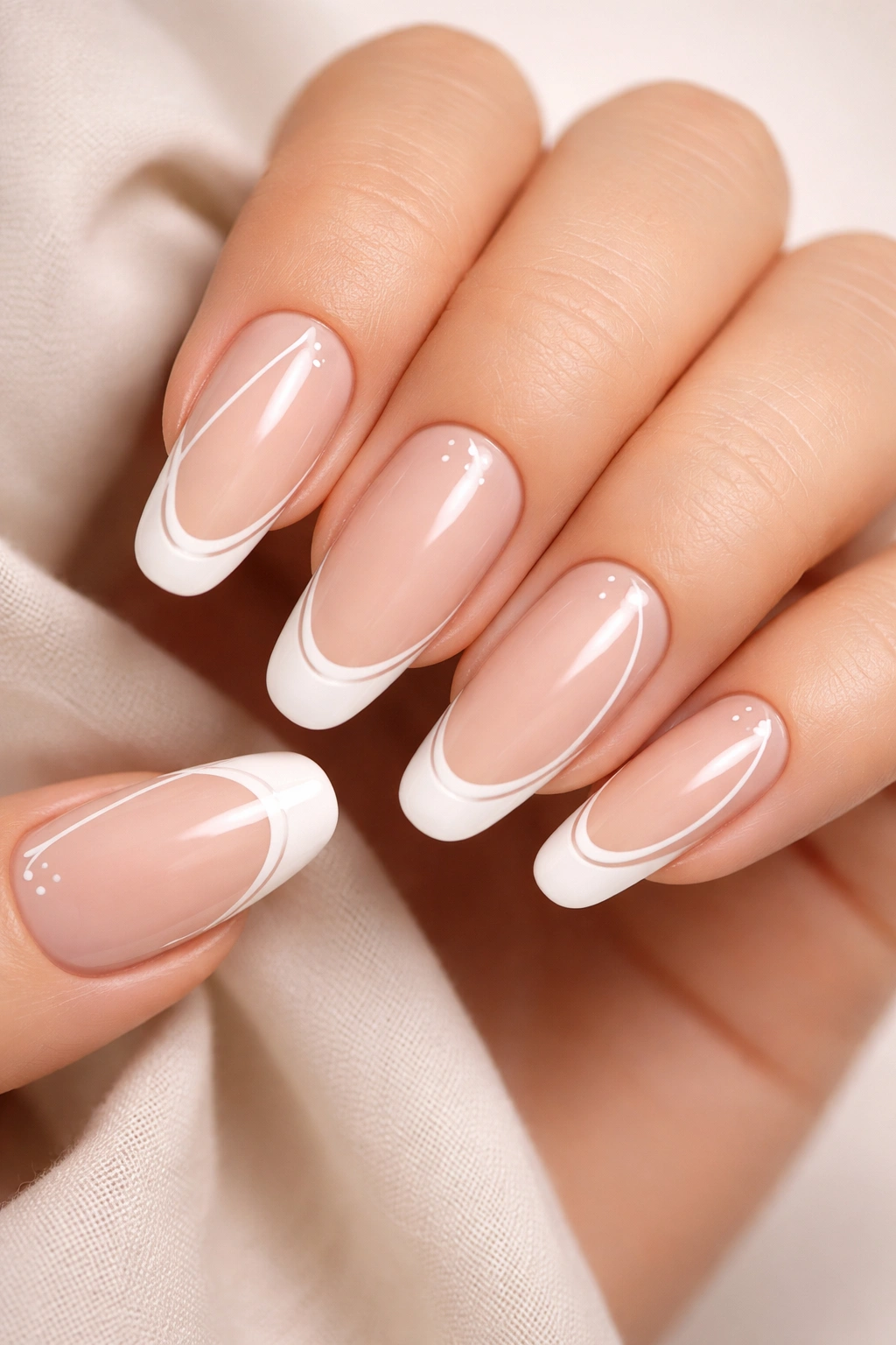Beige nails with white tips and delicate outer-edge lines.