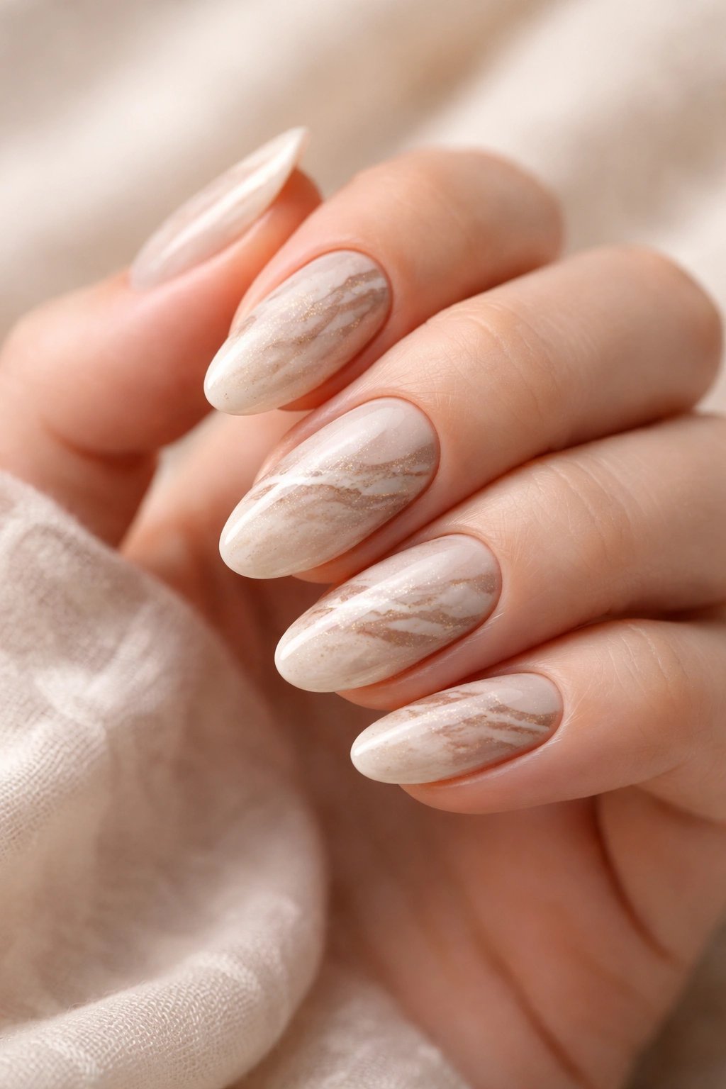 Beige nails with soft beige marble veining