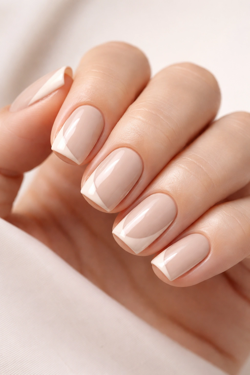 Close-up of short squoval nails with beige base and negative-space cutouts