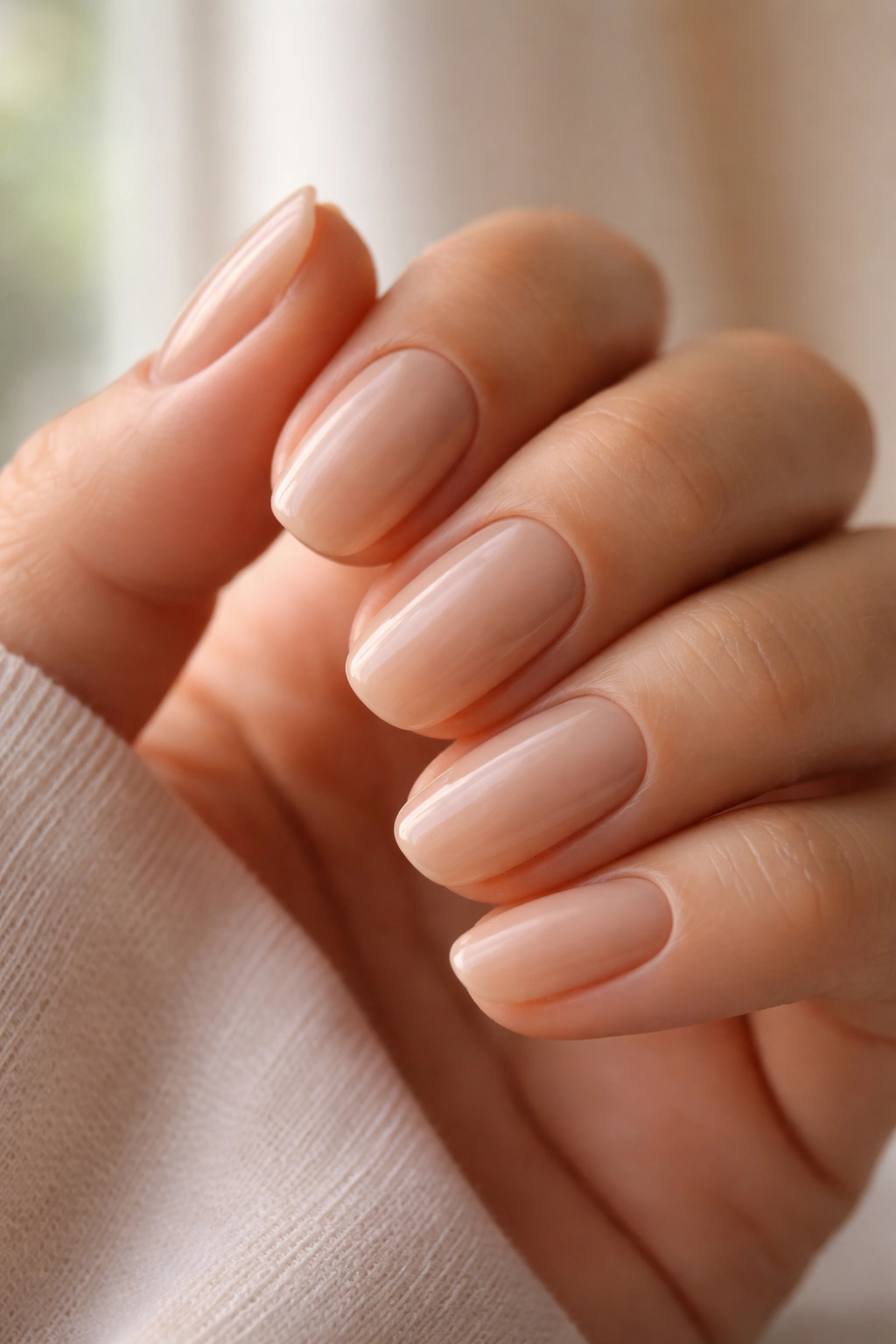 Close-up of warm beige nails on a hand under natural light