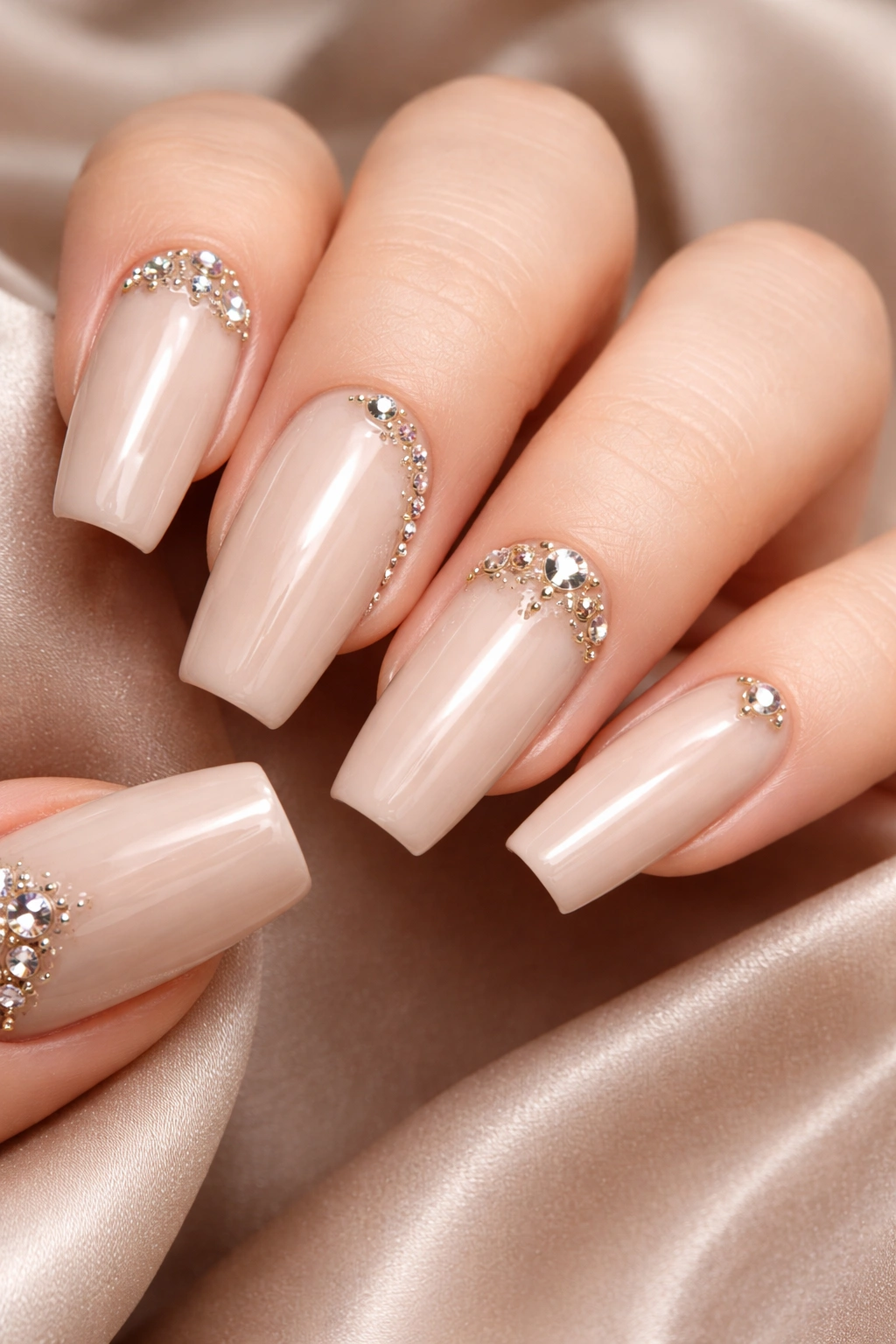 Beige nails with rhinestones and metal embellishments
