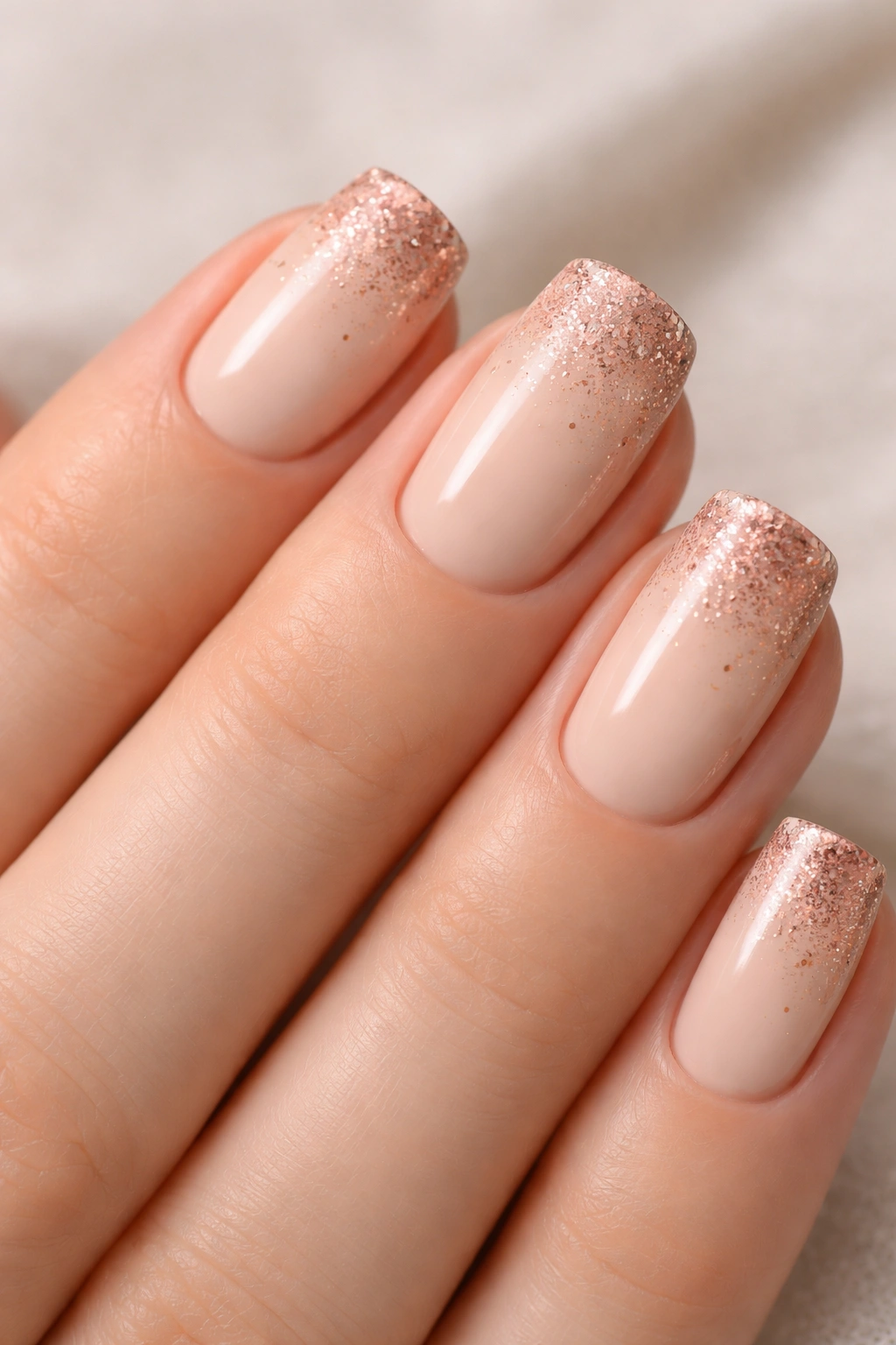 Close-up of warm beige nails with rose gold flecks for a subtle glamorous look