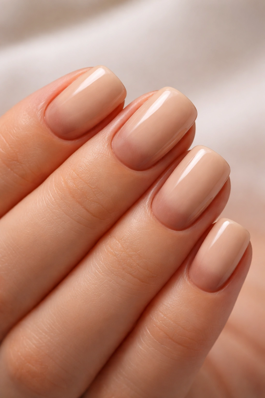 Close-up of warm beige squoval nails with subtle brown shadow at the base