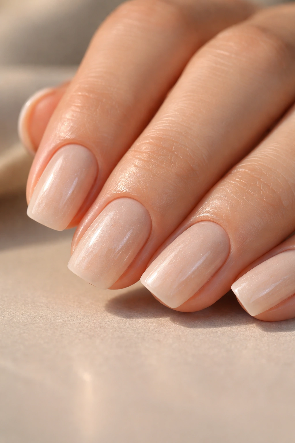 Close-up of short squoval nails in barely-there beige with subtle shimmer.