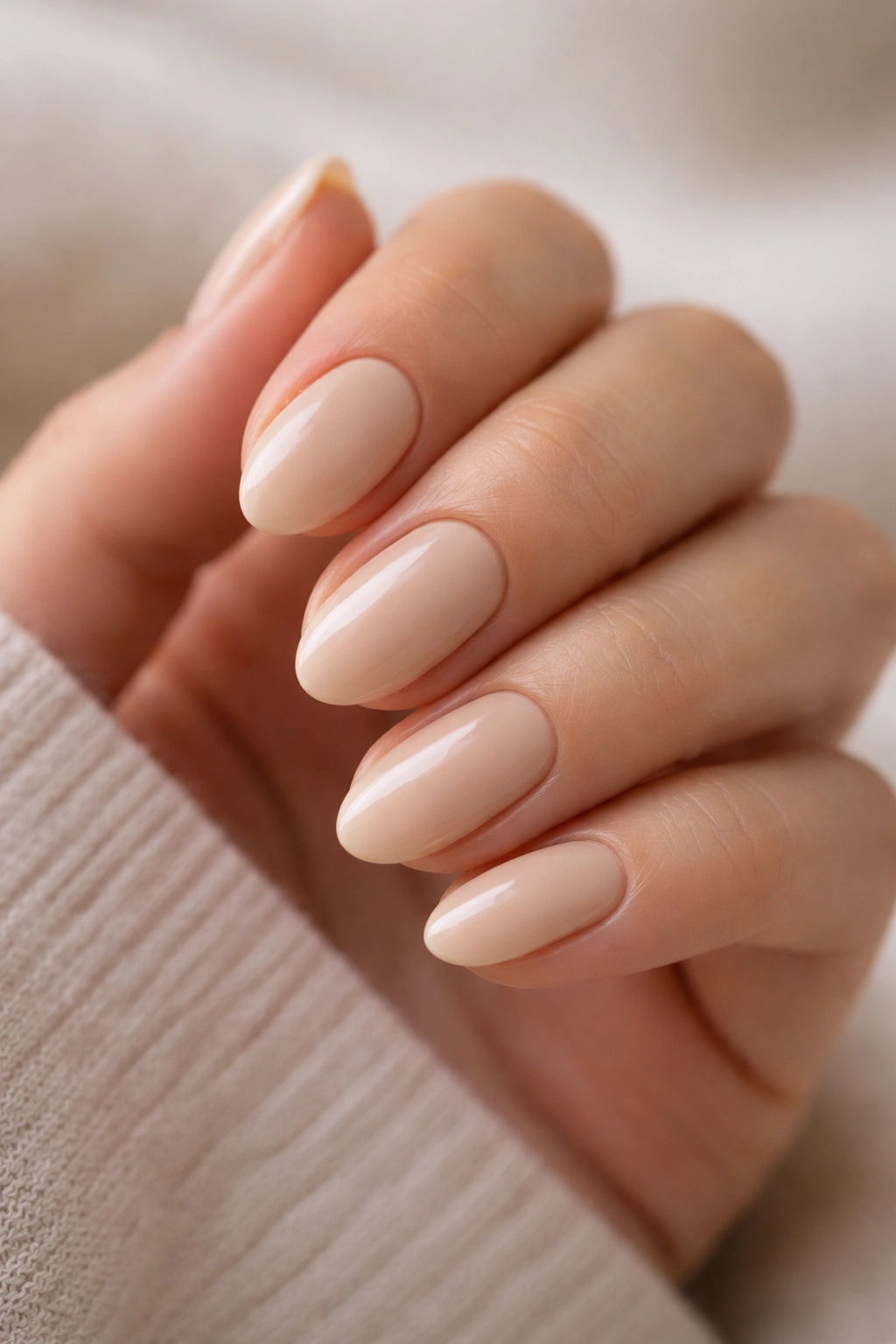 Close-up of short almond nails in warm beige with glossy finish