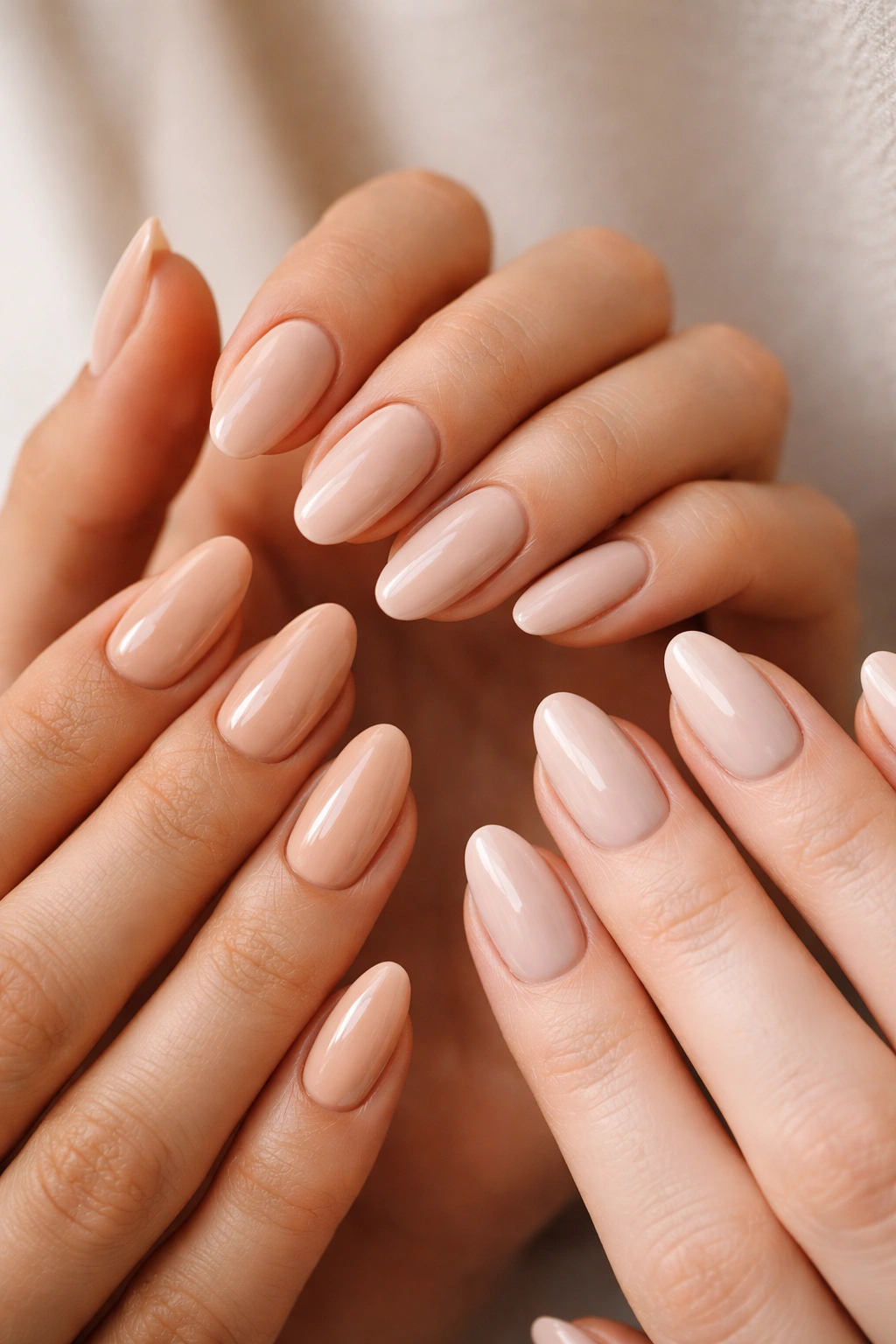Close-up of beige almond nails matching skin tone
