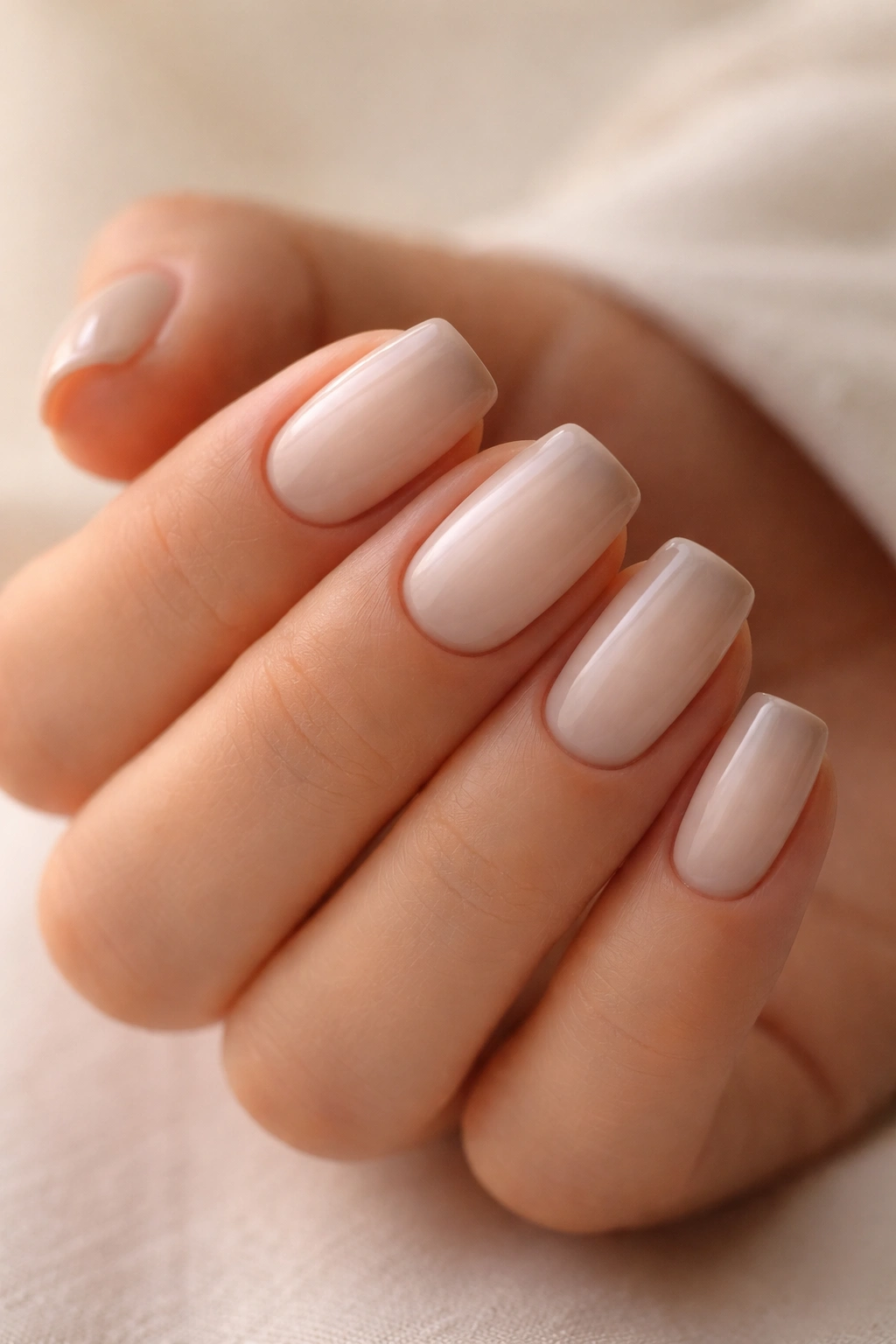Close-up of cameo beige nails with subtle smoke shadow at tips