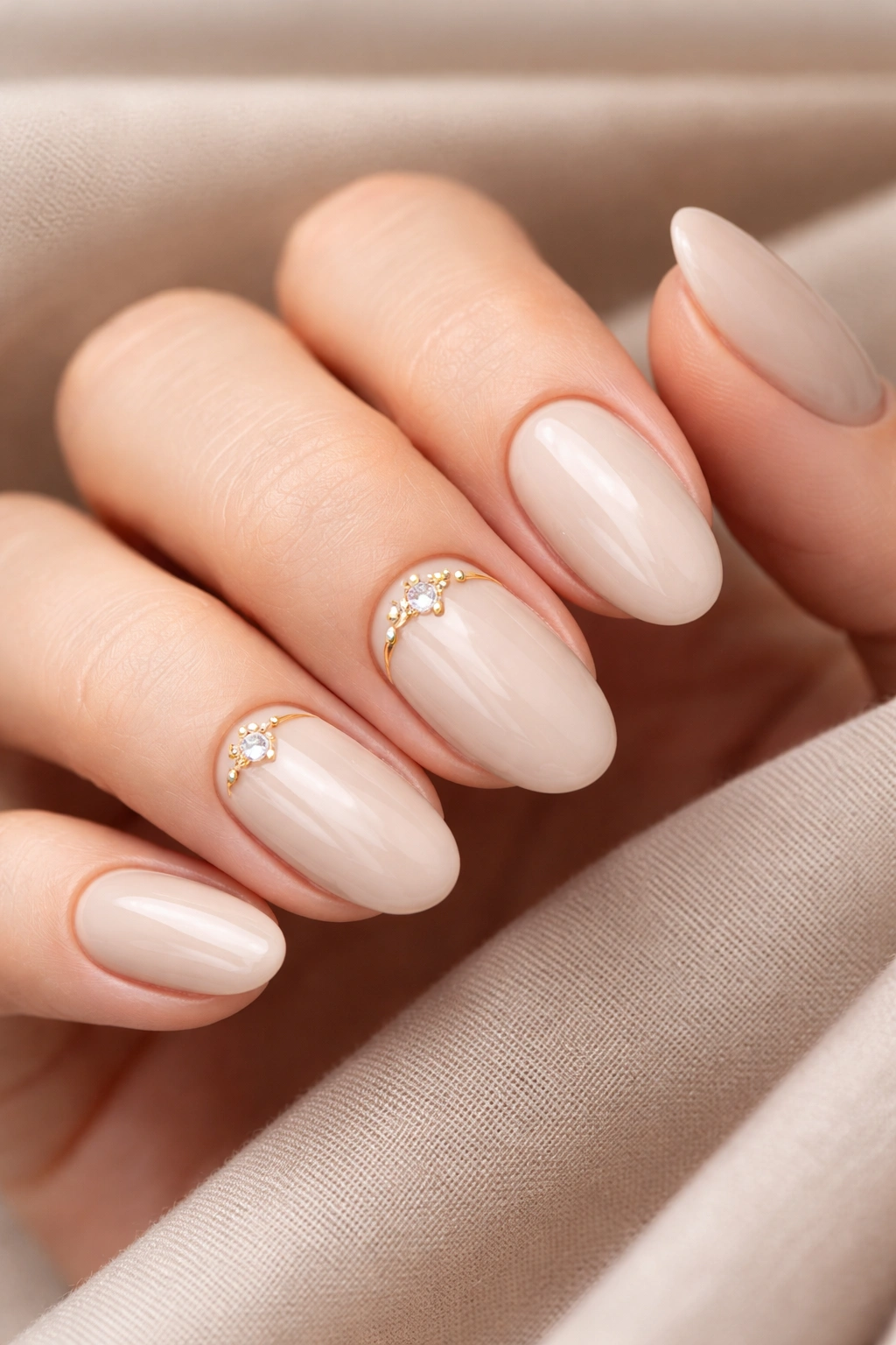 Close-up of beige nails with subtle gold line and crystals on a hand