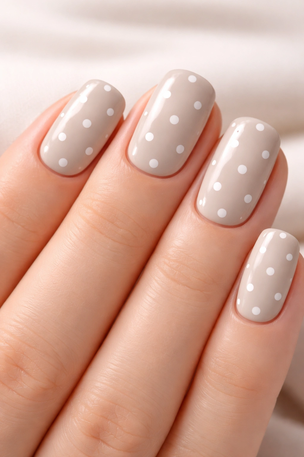 Cool beige nails with white dot pattern close-up