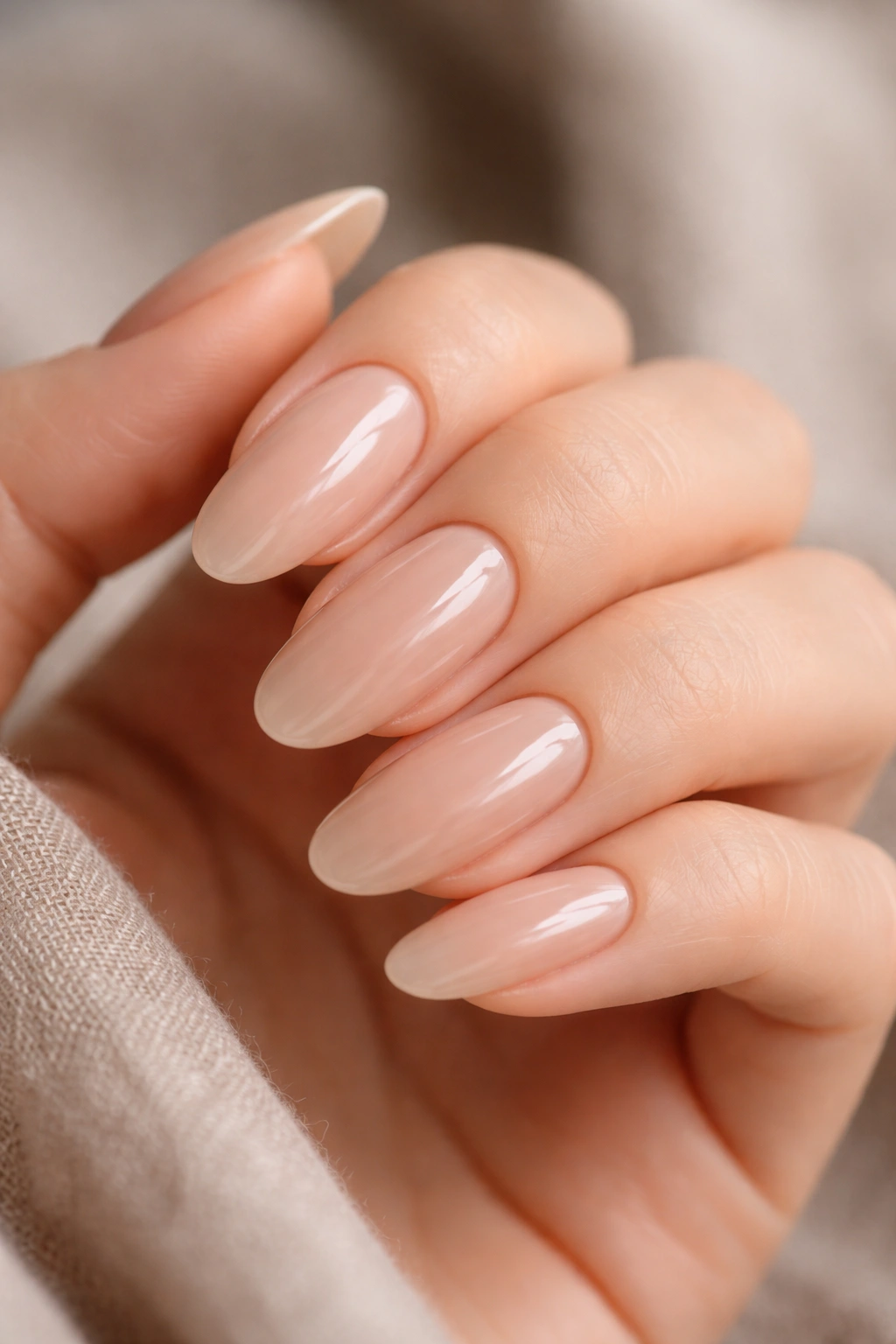 Long oval nails in jelly beige nude showing natural nail tone