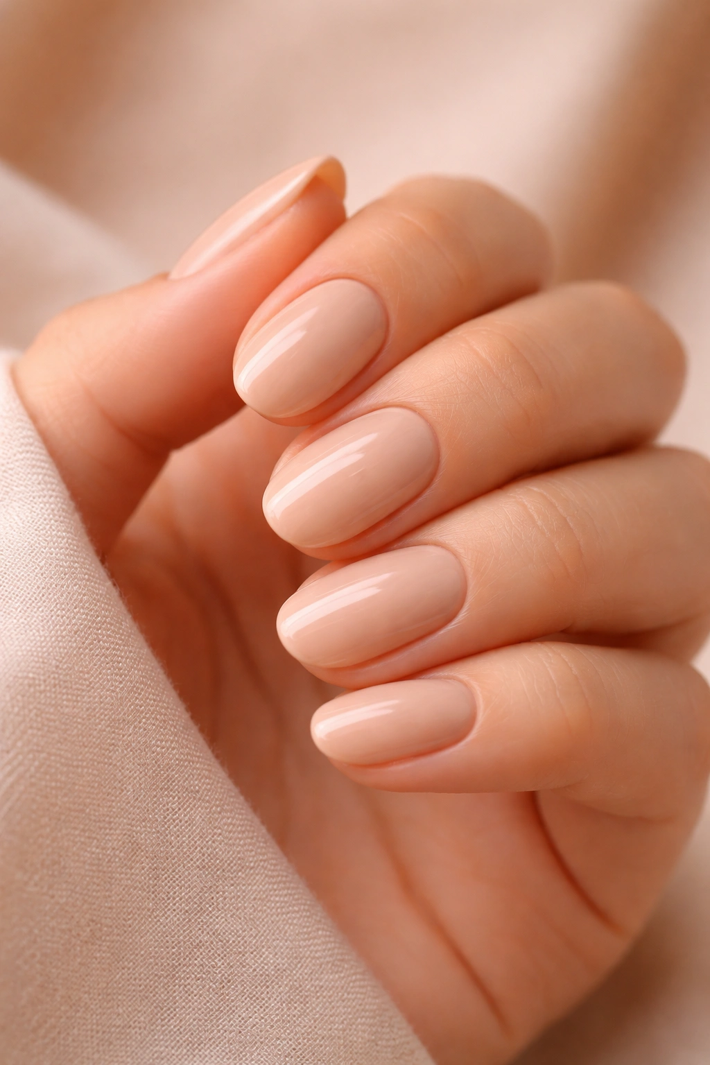 Close-up of warm beige nude short oval nails with high gloss