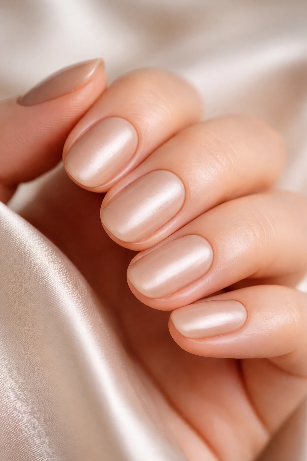 Close-up of beige nude nails with satin finish