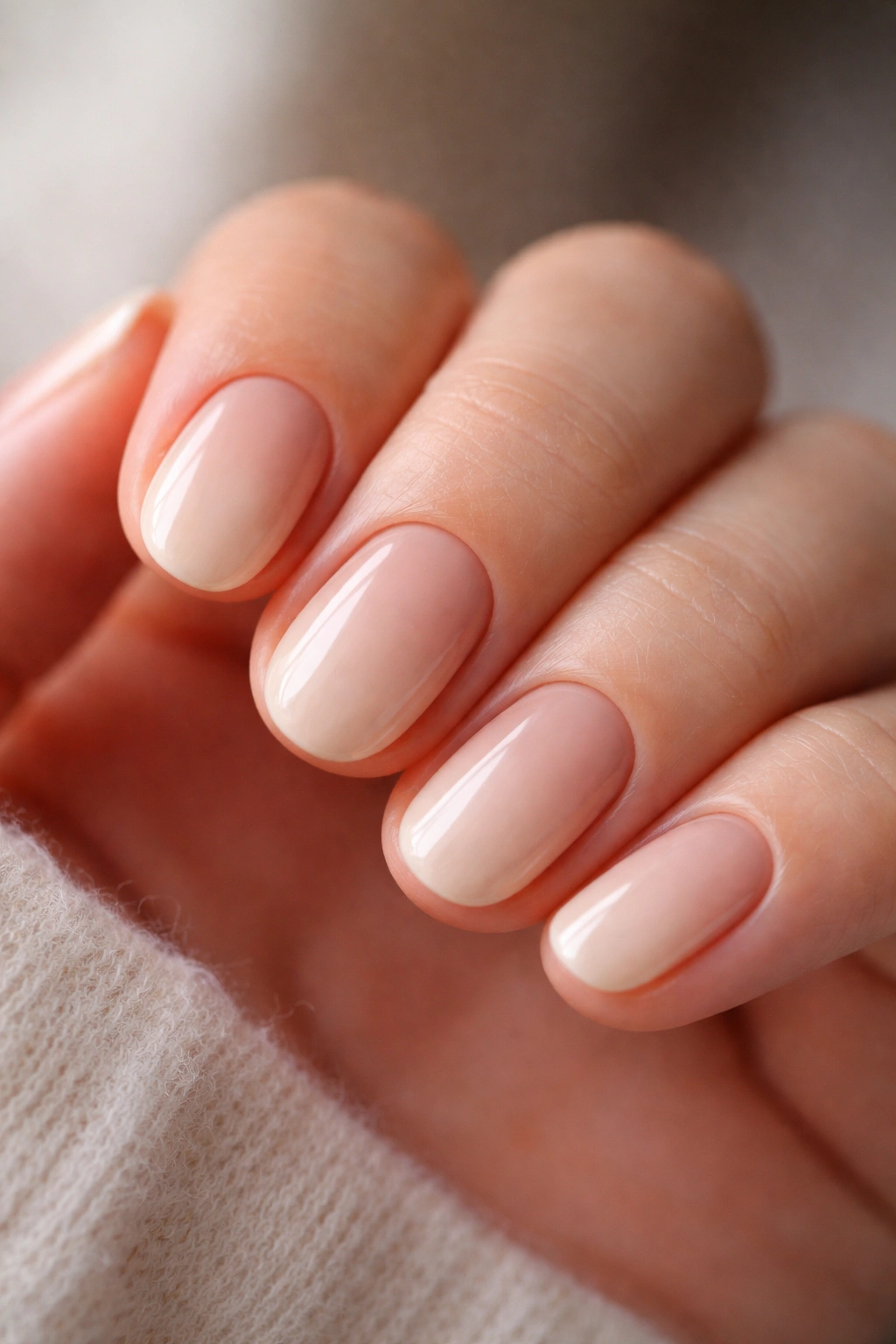 Short oval nails with beige ombré gradient