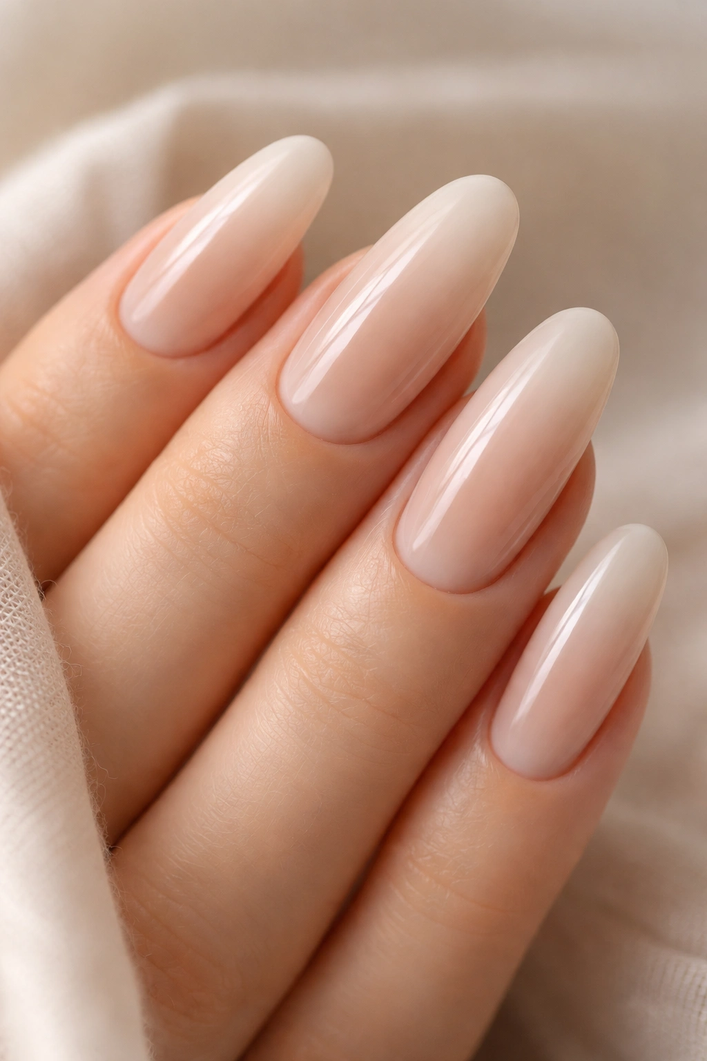 Close-up of long oval nails with soft beige ombre