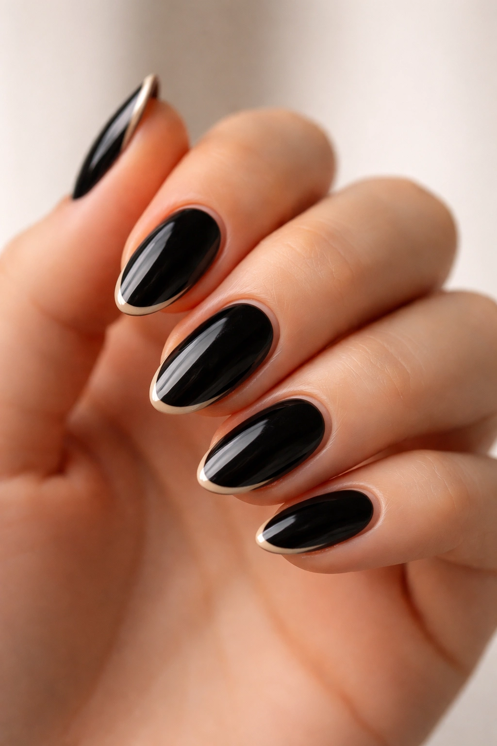 Close-up of black almond nails with a soft beige outline along the edge.