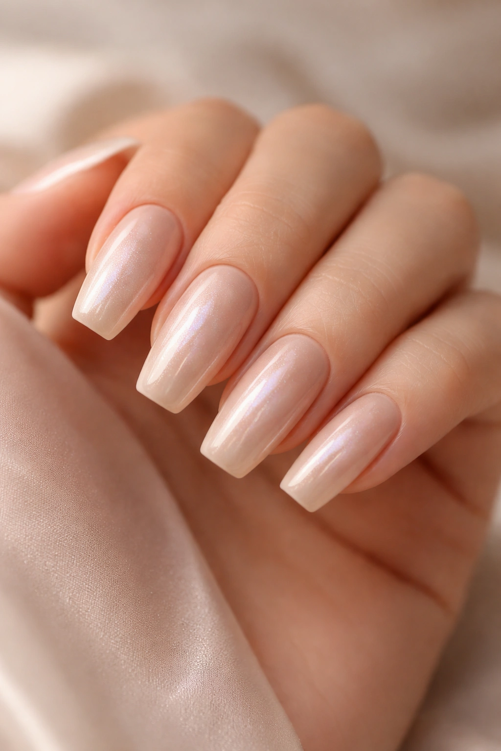 Natural beige coffin nails with pearl finish and subtle shimmer