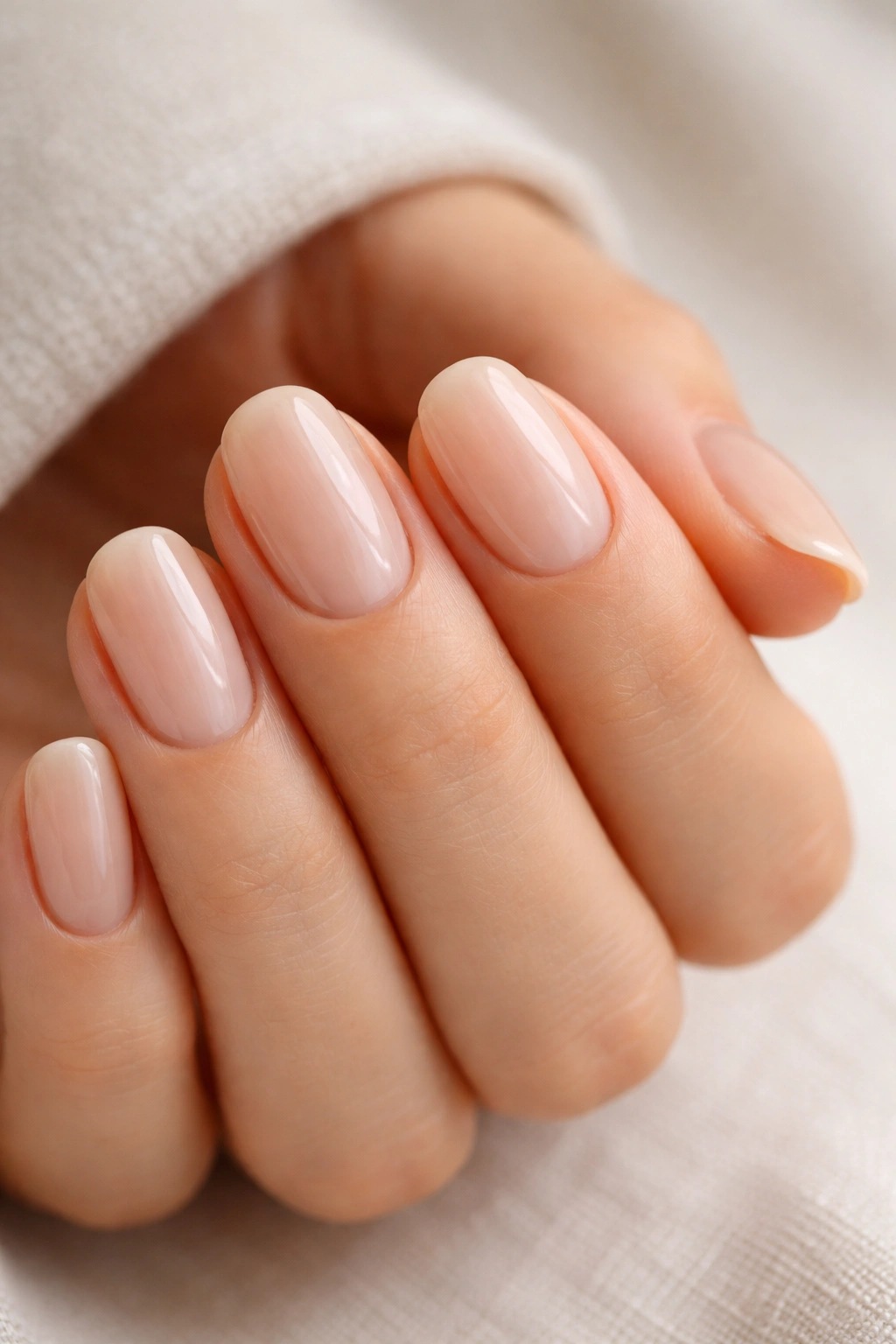 Close-up of short oval nails with clean beige sheer on a hand