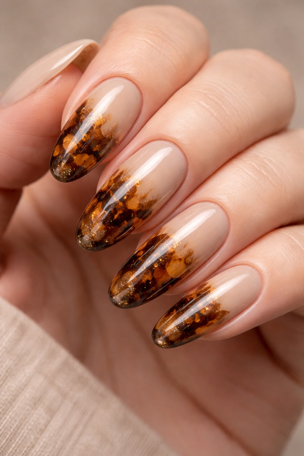 Warm beige nails with tortoiseshell pattern