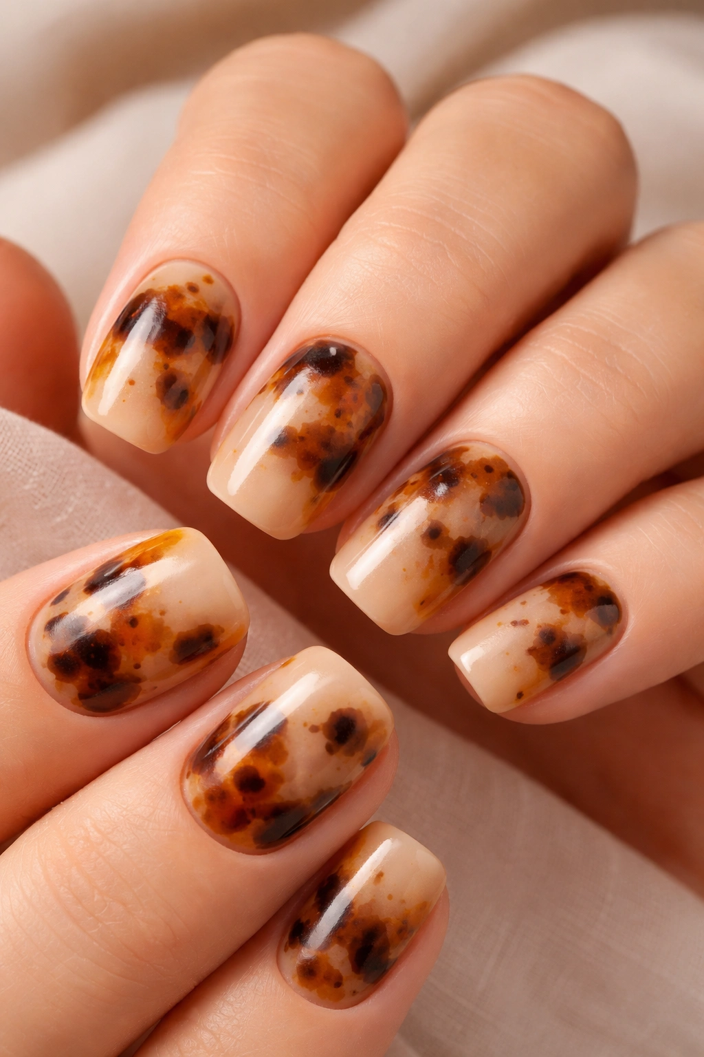 Warm beige nails with tortoiseshell pattern
