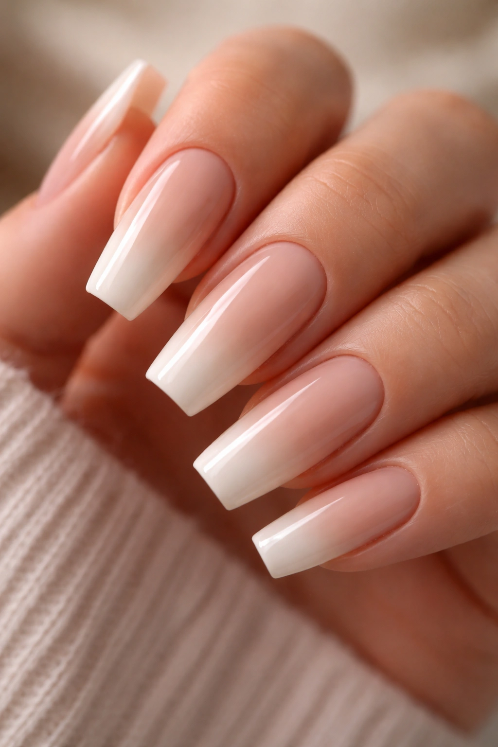 Medium-length ballerina nail with beige-to-vanilla ombre fade