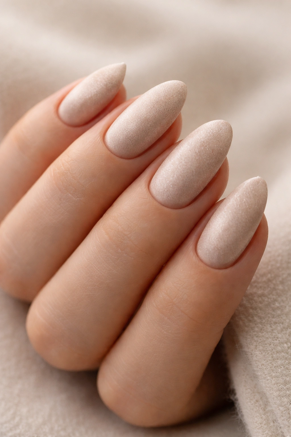 Close-up of beige almond nails with a soft velvet texture