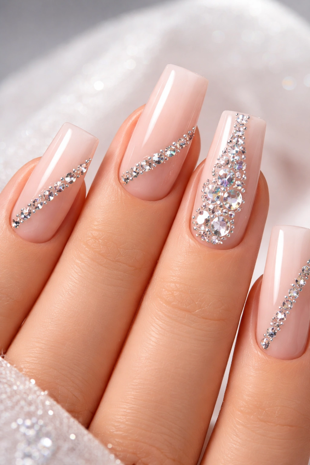 Close-up of square nails with bejeweled accents and crystals
