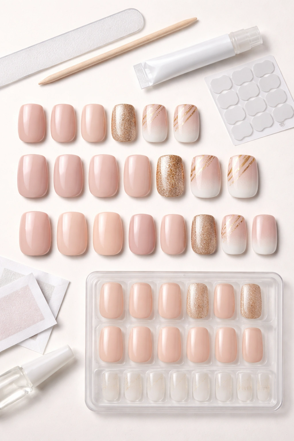 Set of 24 Believe Beauty squoval press-on nails in neutral tones with subtle accent nails