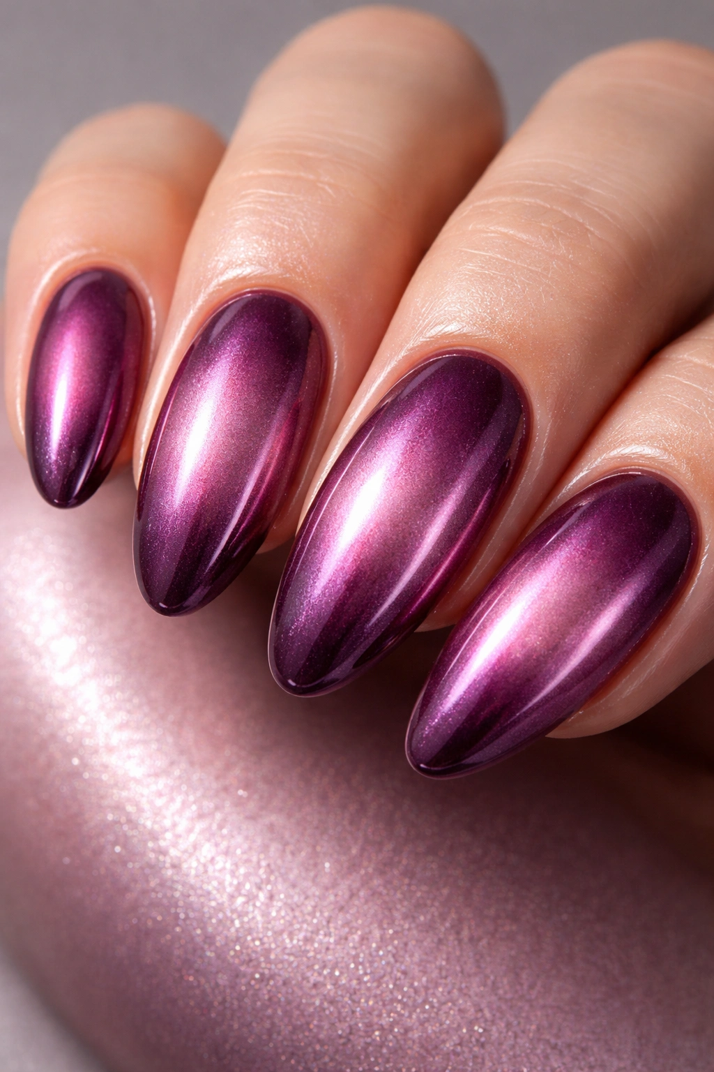 Berry Chrome Aura nails with soft gradient and chrome finish