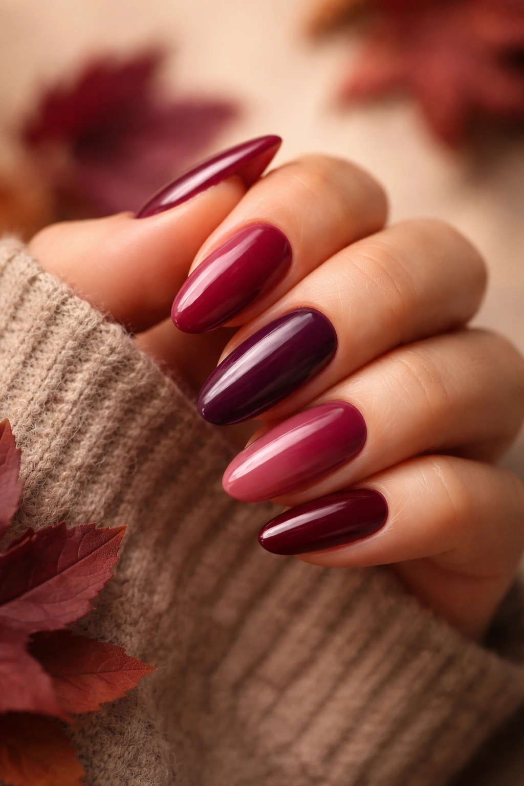 Close-up of berry-toned nails in raspberry and plum shades with glossy finish