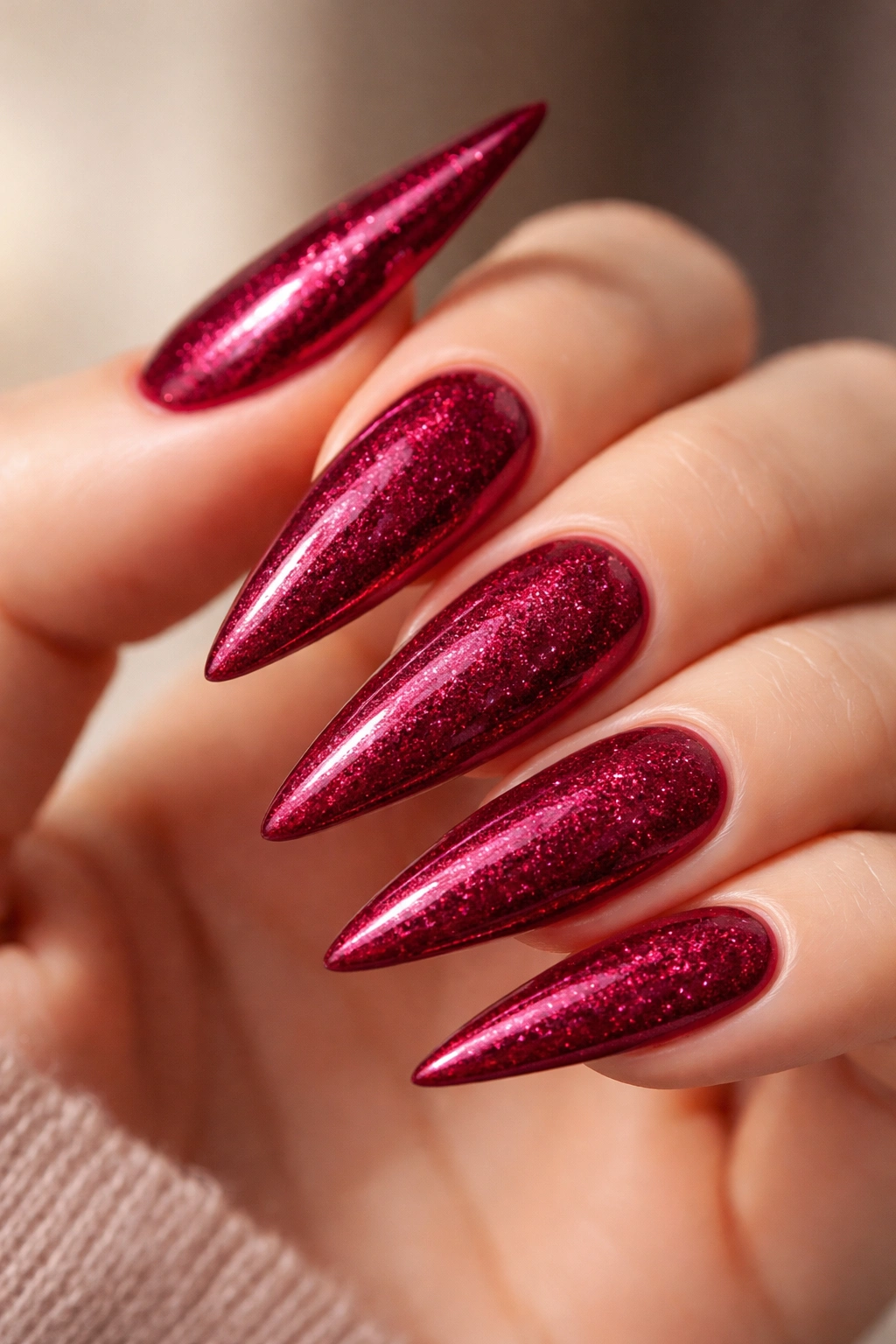 Berry red stiletto nails with micro glitter finish.