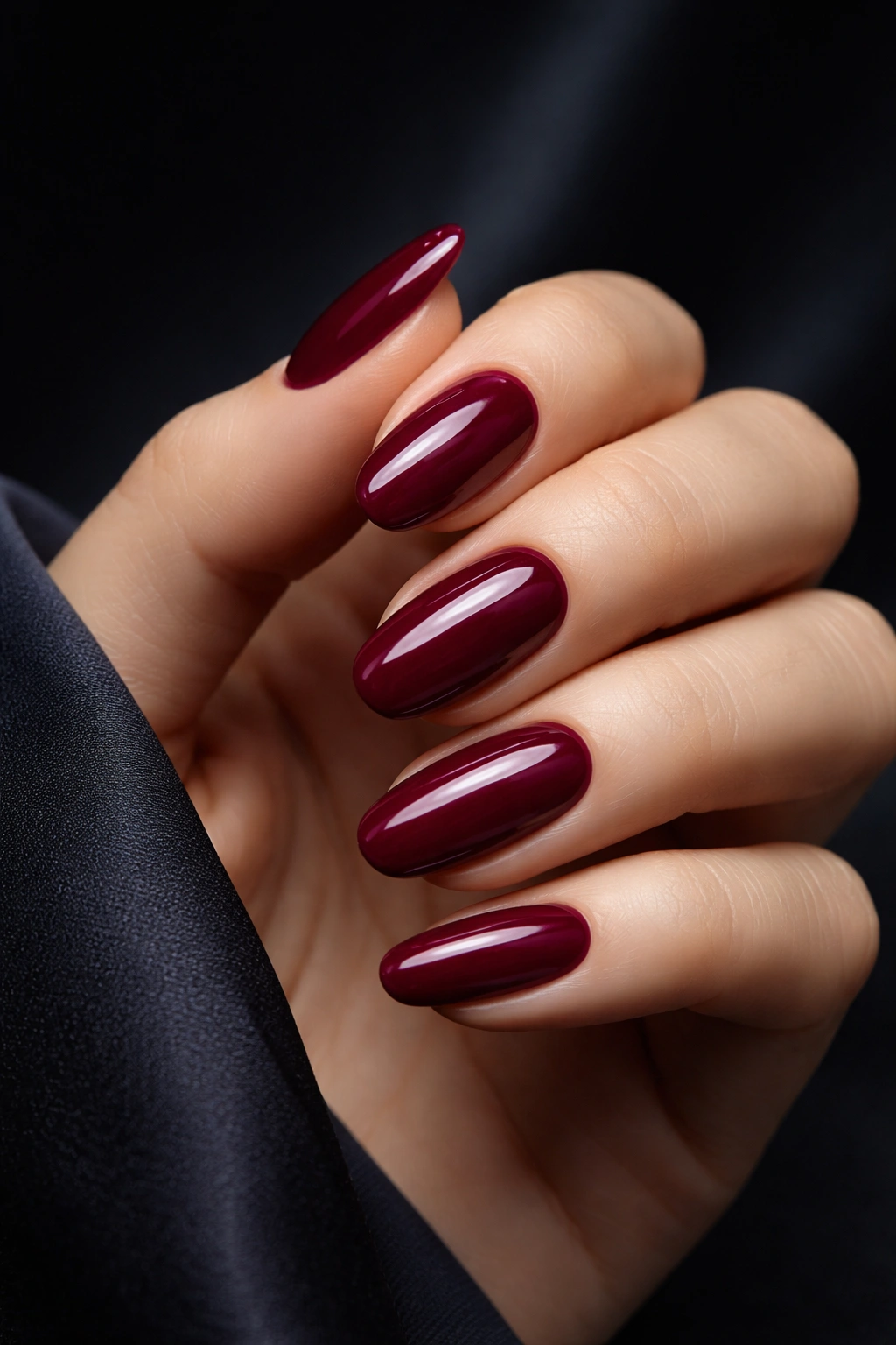 Close-up of berry red nails with a moody dark background