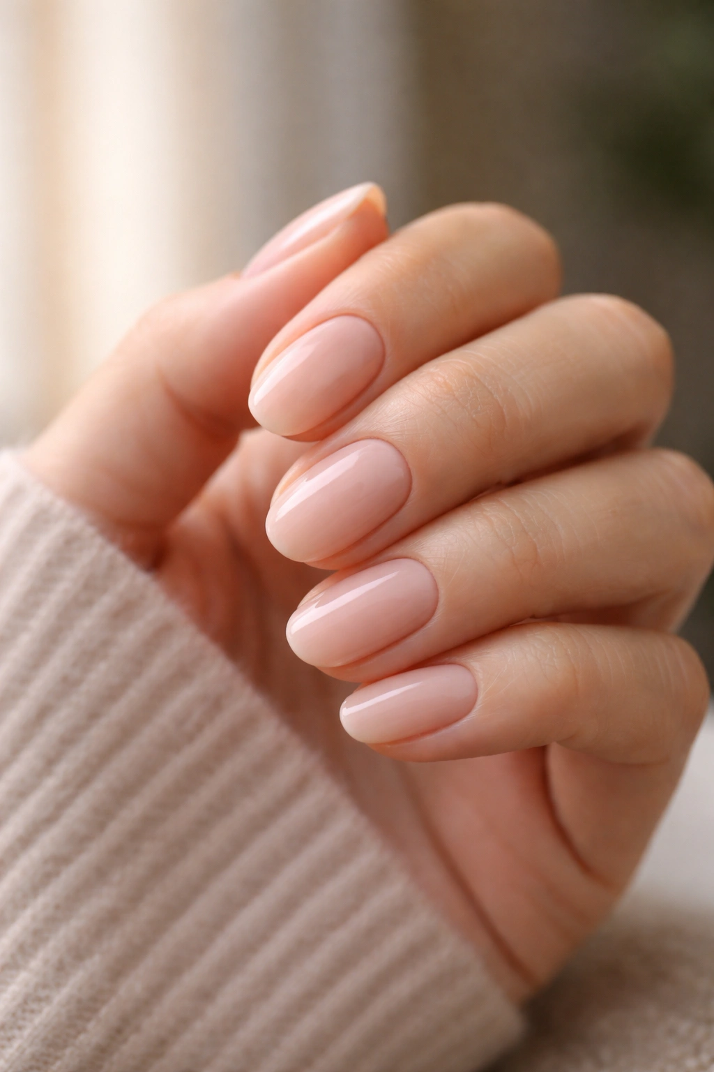 Hand with short oval nails in a neutral nude shade for versatile style