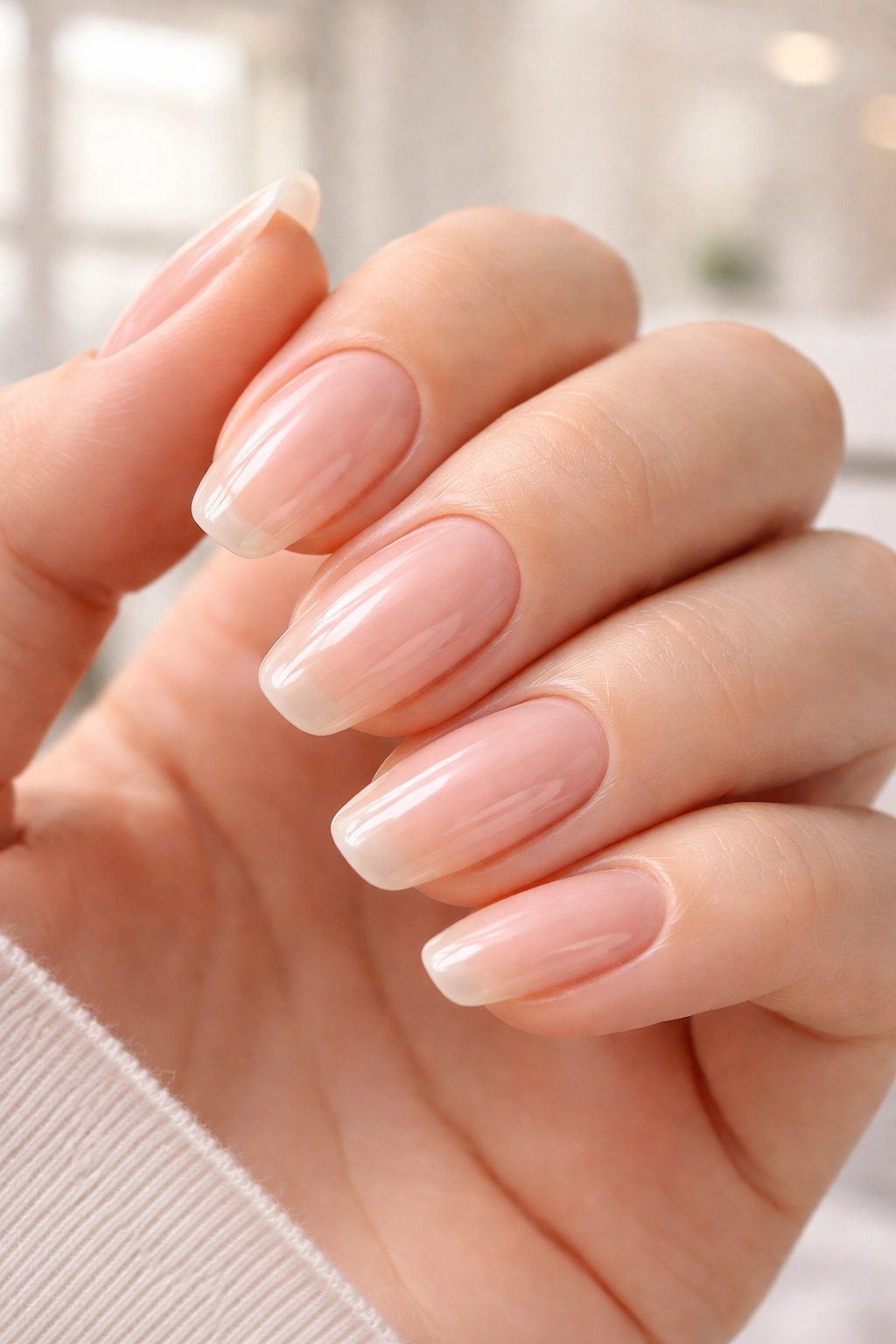 Close-up of hand with clear BIAB-coated nails