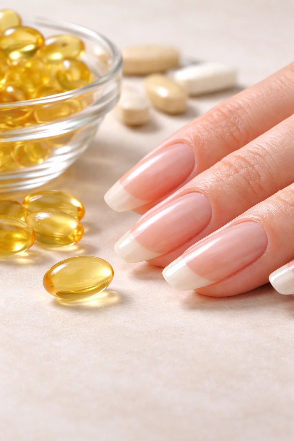 Nails with a biotin capsule placed nearby on a neutral surface