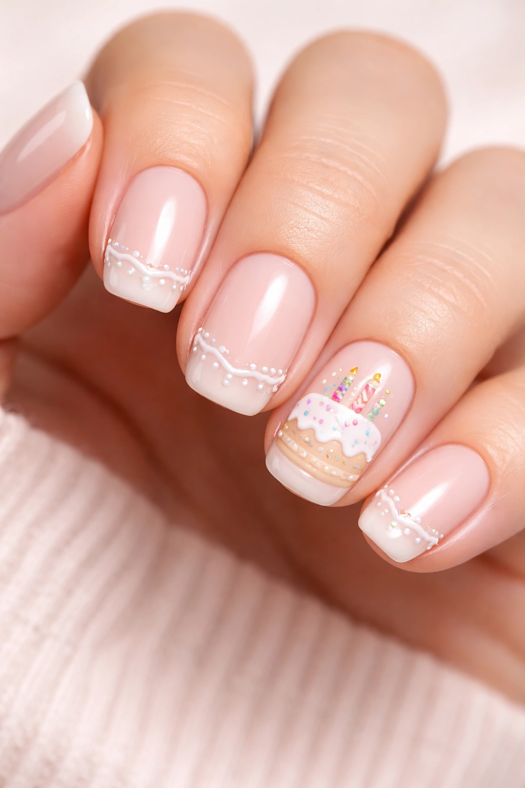 Close-up of nails with birthday cake art on one accent nail.