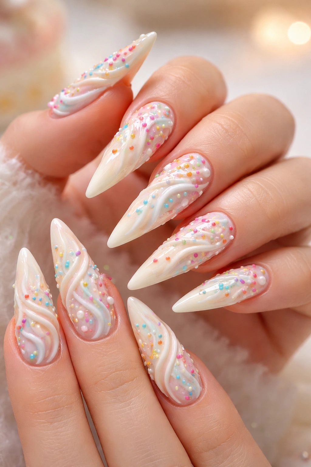 Close-up of birthday cake nails with frosting details