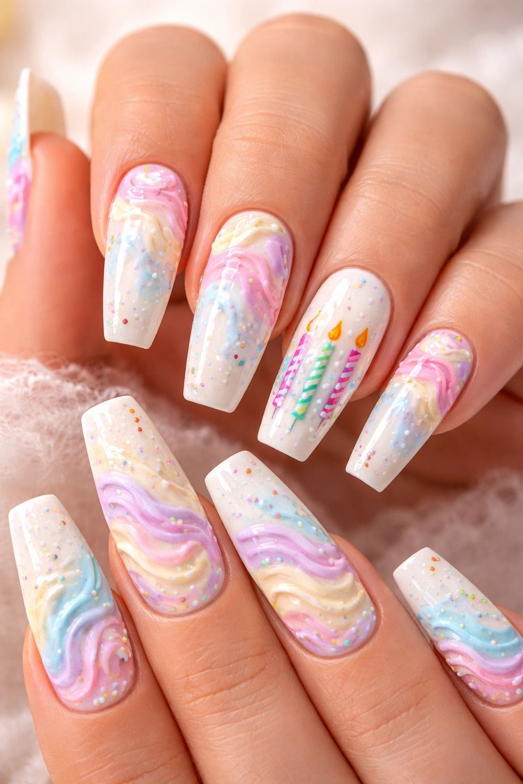 Close-up of birthday cake themed coffin nails with white base and pastel frosting