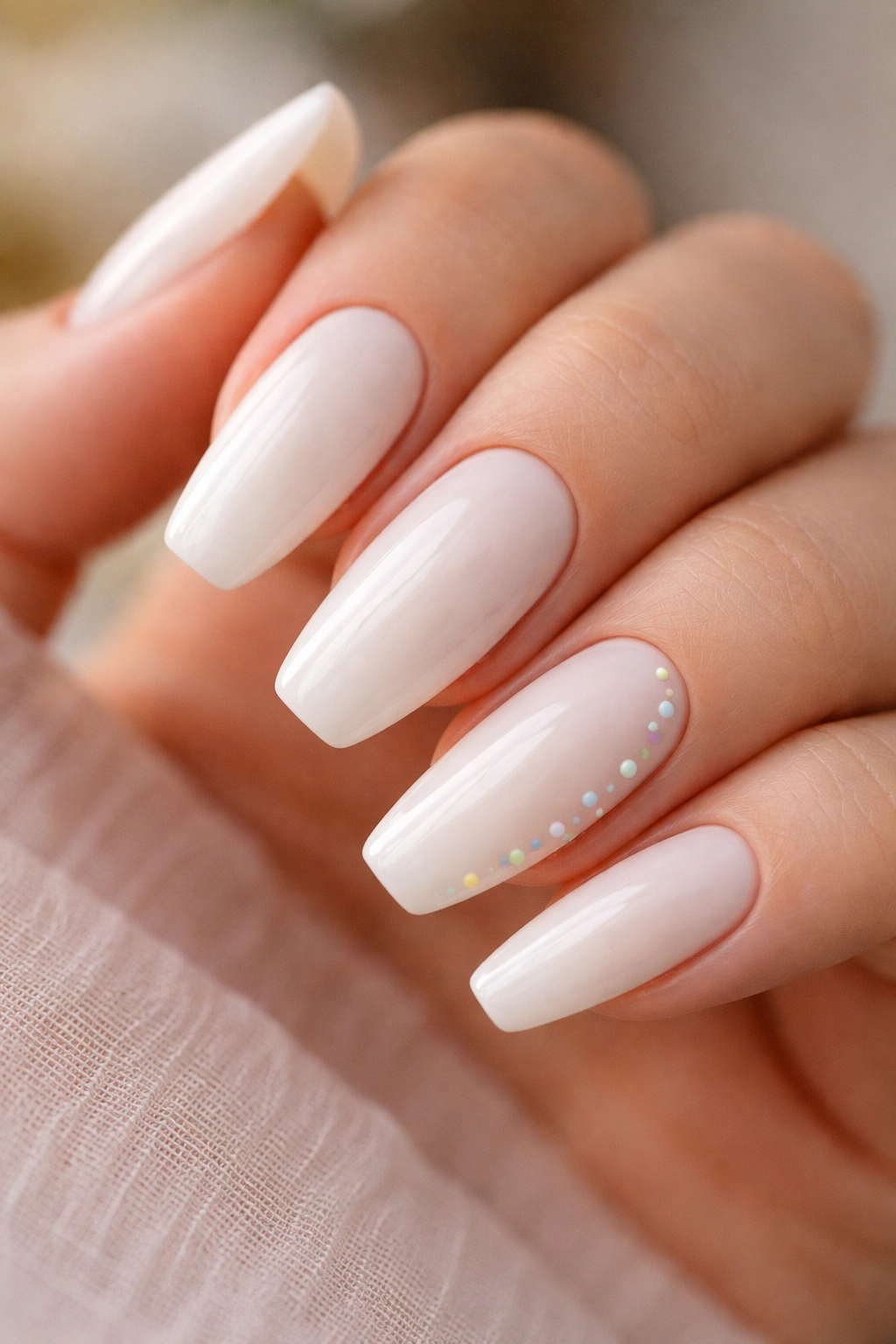 Creamy white nails with pastel sprinkle dots on accent nails