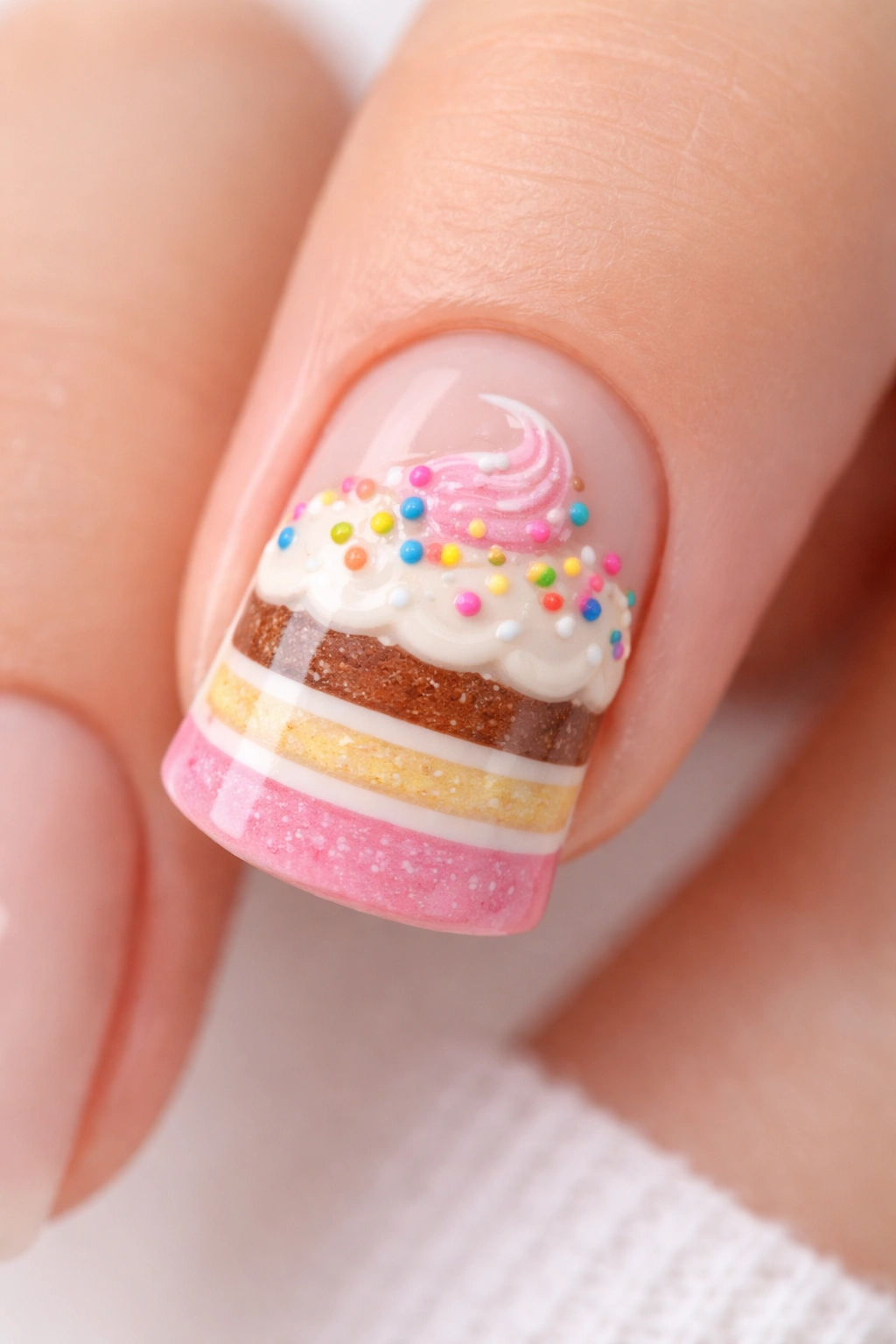 Close-up of a short duck nail with a mini multi-layer birthday cake design and rainbow sprinkles