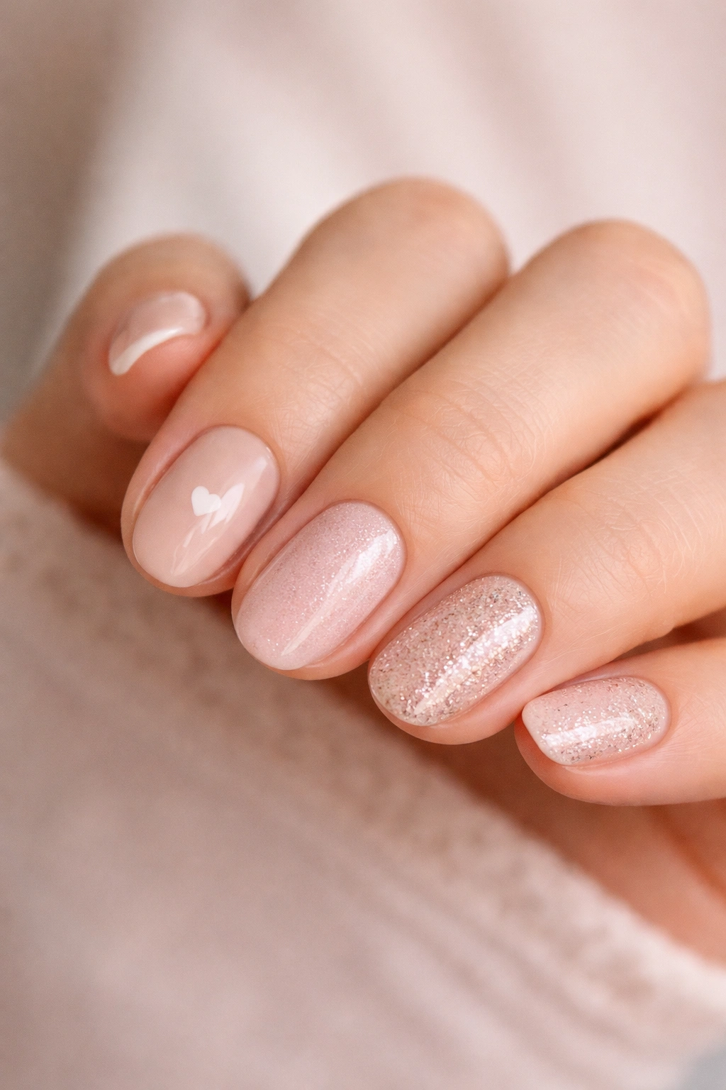 Hand with short oval nails showing different subtle birthday looks